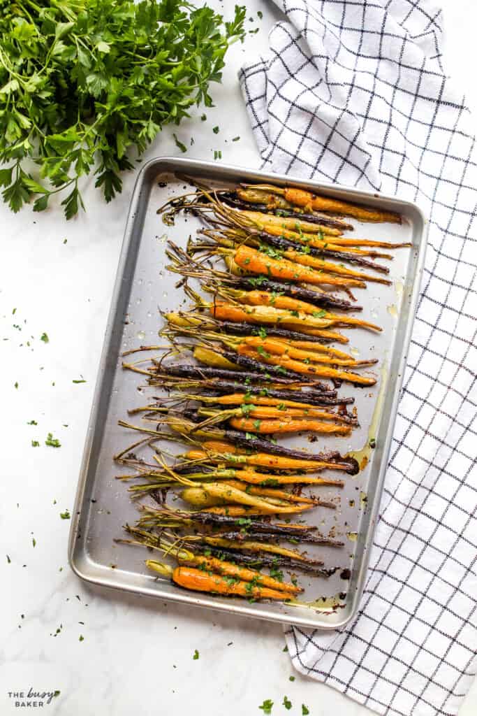 rainbow roasted carrots on sheet pan with honey glaze