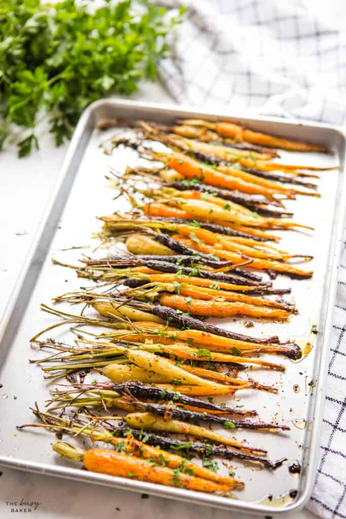 rainbow roasted carrots on sheet pan 
