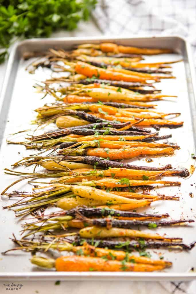 rainbow roasted carrots on sheet pan