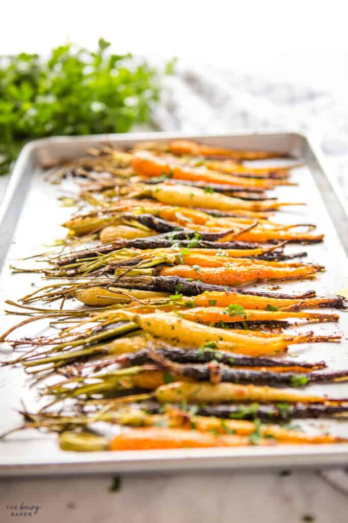 roasted rainbow carrots on sheet pan