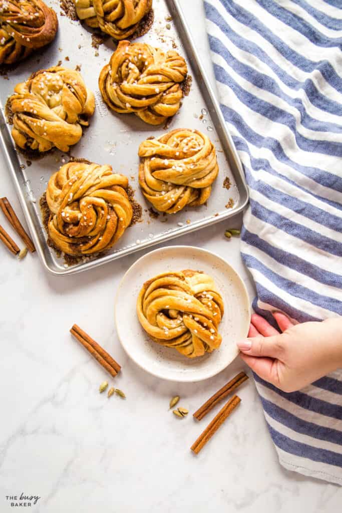 overhead image: baking pan with kanelbullar cinnamon buns