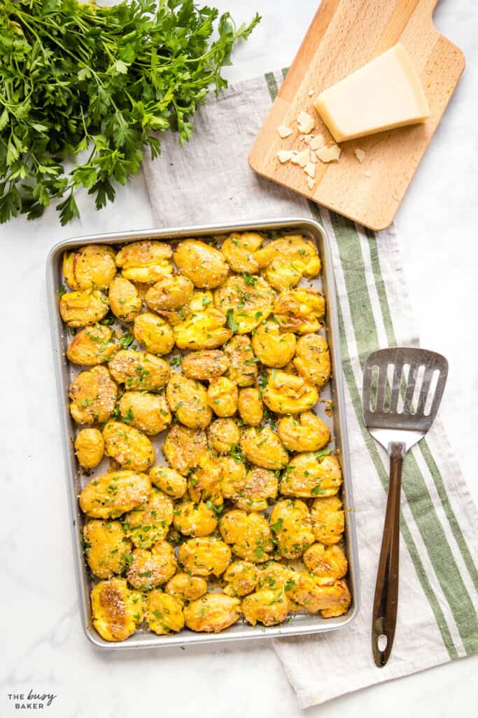 overhead image: crispy potatoes on sheet pan