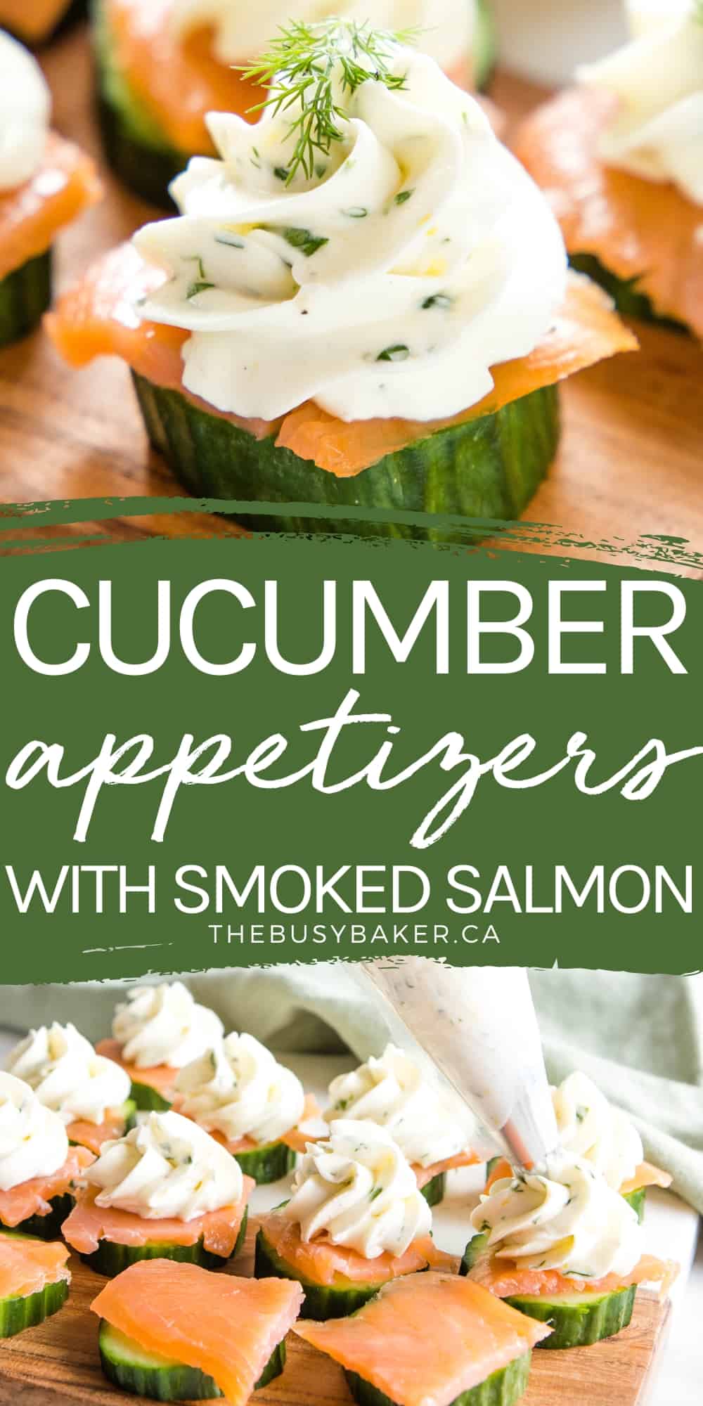 These Cucumber Appetizers with Smoked Salmon are the perfect light and healthy snack - low carb & flavoured with lemon and fresh herbs! Recipe from thebusybaker.ca! #cucumberappetizers #lowcarb #healthy #holidayappetizer #cheese #glutenfreeappetizer #lowcarbappetizer #keto via @busybakerblog