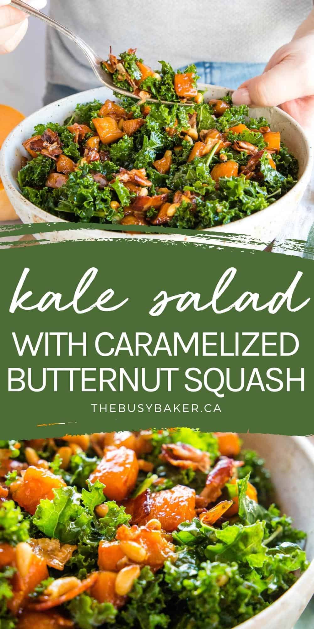 This Kale Salad with Butternut Squash is the perfect winter salad - maple syrup caramelized squash, salty bacon and crunchy pine nuts. Recipe from thebusybaker.ca! #kalesalad #kalebutternutsquashsalad #wintersalad #holidaysalad via @busybakerblog