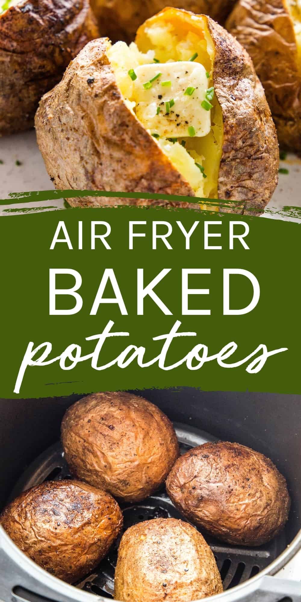 These Air Fryer Baked Potatoes are the BEST easy baked potatoes - perfectly crispy skin and a fluffy interior. Ready in about 30 minutes! Recipe from thebusybaker.ca! #bakedpotatoes #airfryer #airfryerrecipe #airfryersidedish #airfryerpotatoes via @busybakerblog