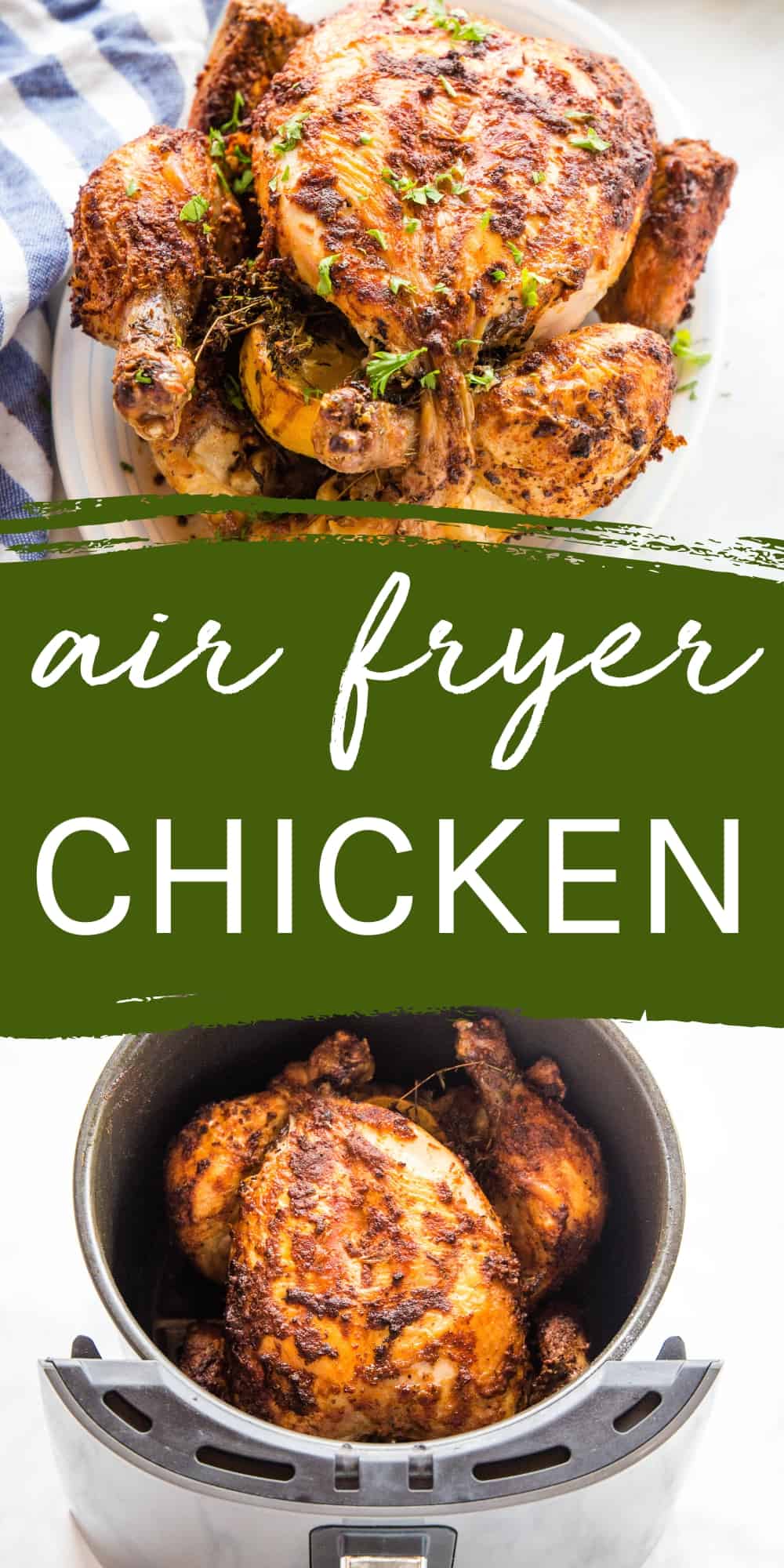 This Air Fryer Whole Chicken Recipe is the perfect easy alternative to rotisserie chicken - quick and simple to make, juicy meat and crispy skin! A super easy roast chicken recipe! Recipe from thebusybaker.ca! #roastchicken #airfryerchicken #airfryerwholechicken #airfryerroastchicken #rotisseriechicken #roastedchicken via @busybakerblog