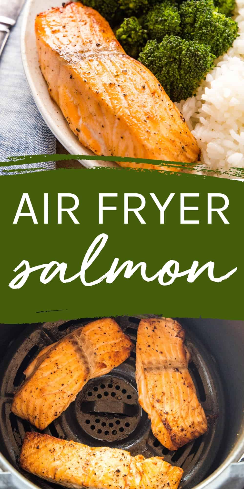 This Air Fryer Salmon is tender on the inside with a crispy exterior. Make it in 20 minutes or less with fresh or frozen salmon! Recipe from thebusybaker.ca! #airfryersalmon #bakedsalmon #healthyrecipes #dinner #mealprep #lowcarb #familymeal #lowfat #salmon #healthysalmonrecipe via @busybakerblog