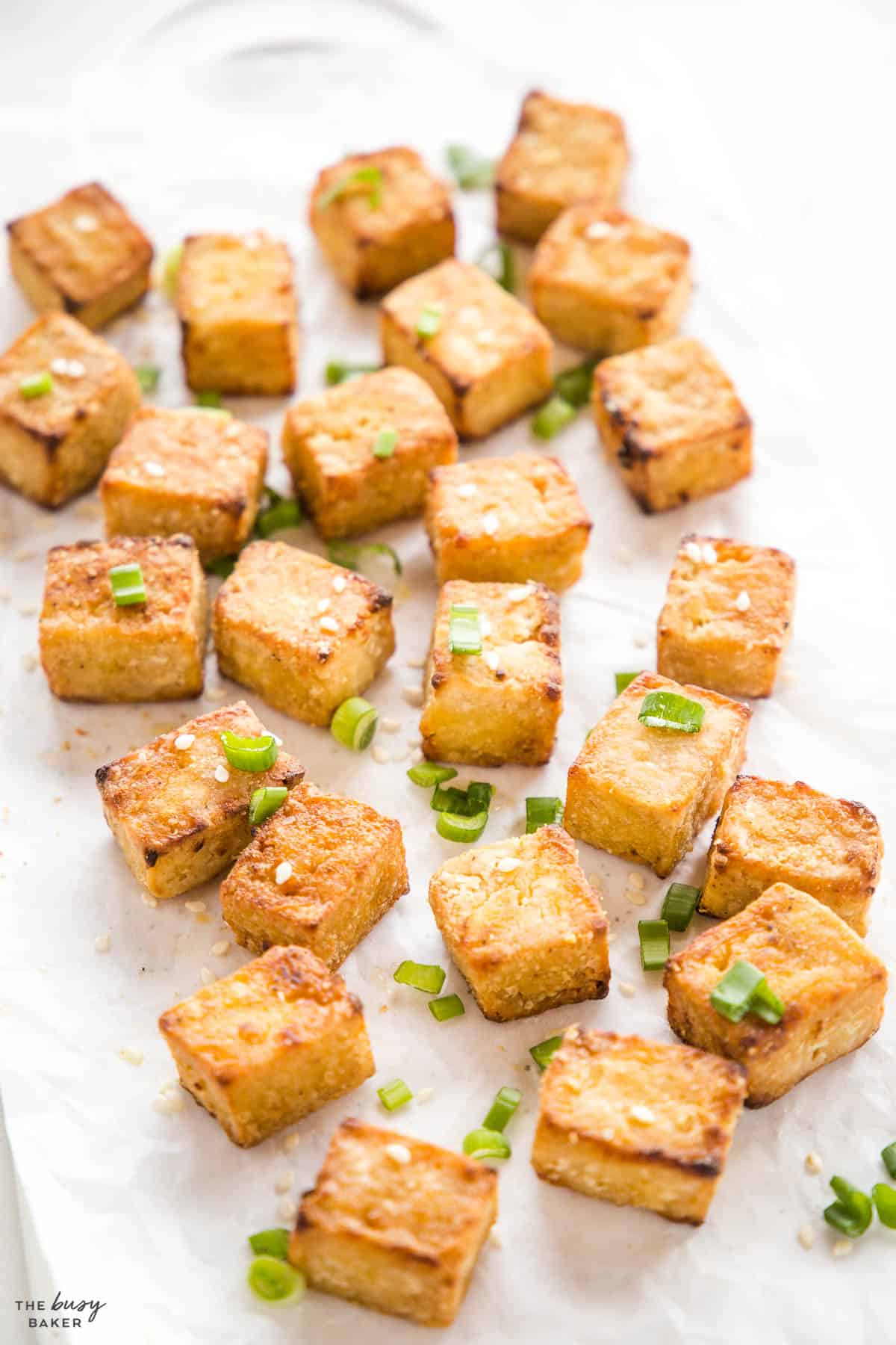air fryer tofu with green onions and sesame seeds