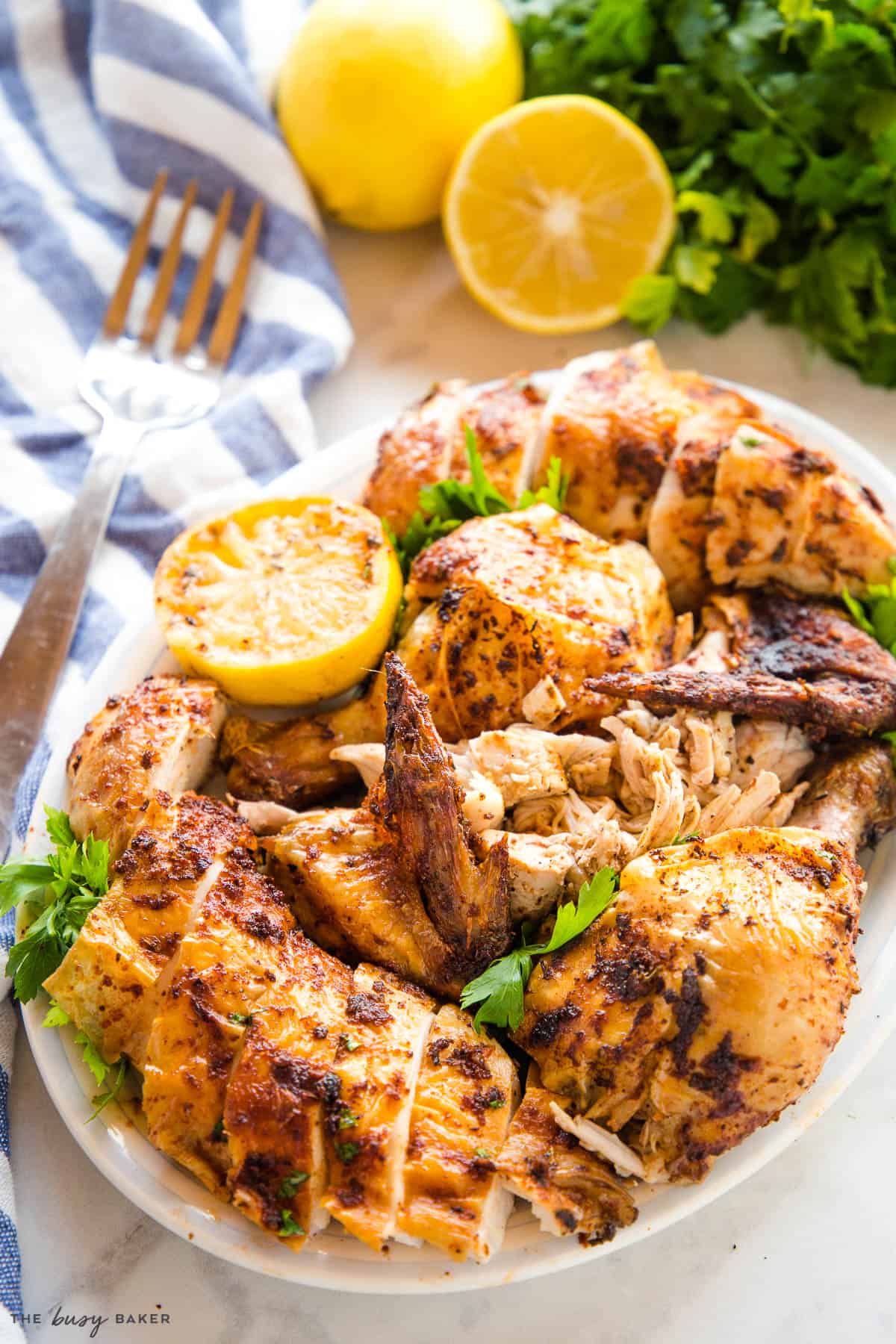 platter with roast chicken with crispy skin