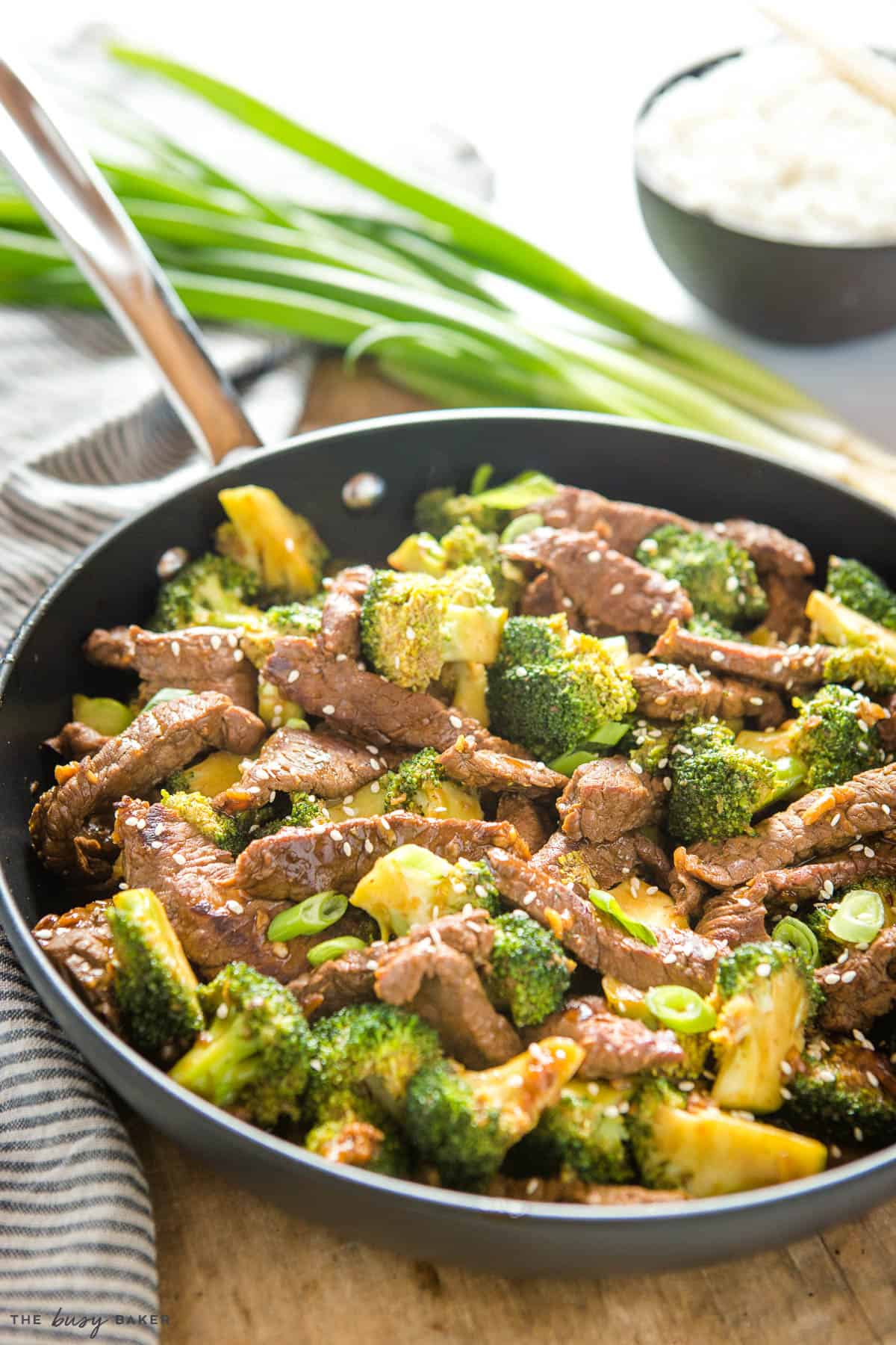 beef and broccoli in frying pan