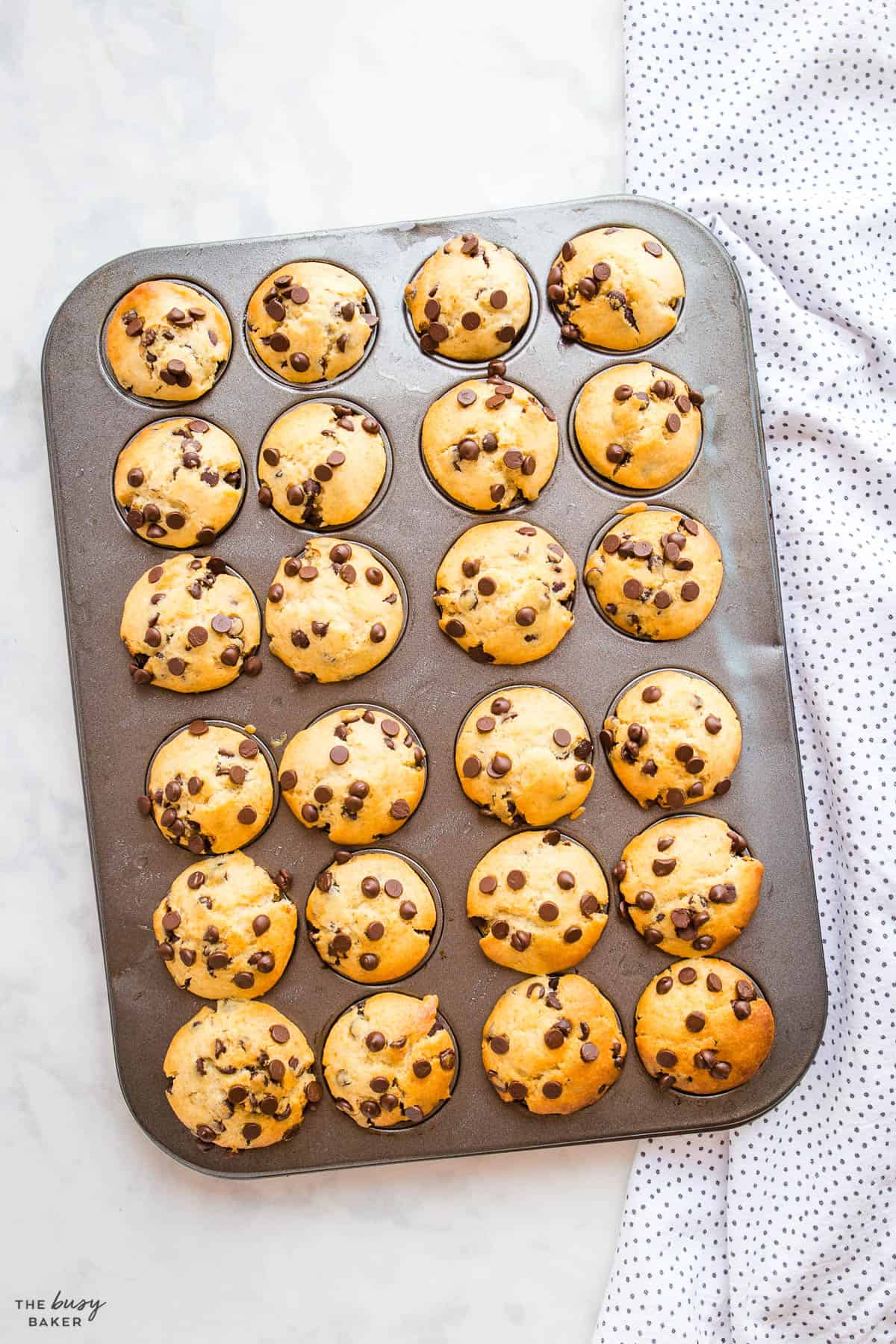 overhead image: mini muffins in mini muffin pan with chocolate chips