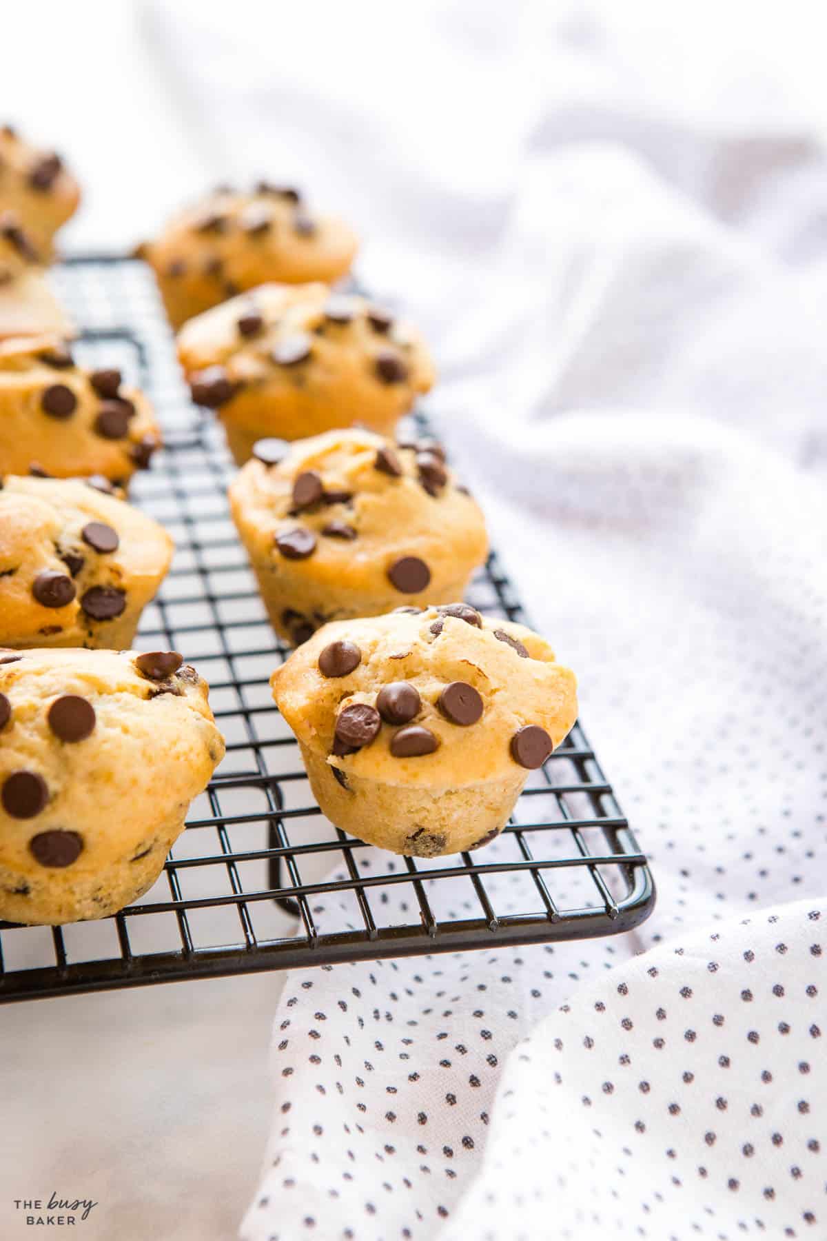 chocolate chip mini muffins cooling on baking rack