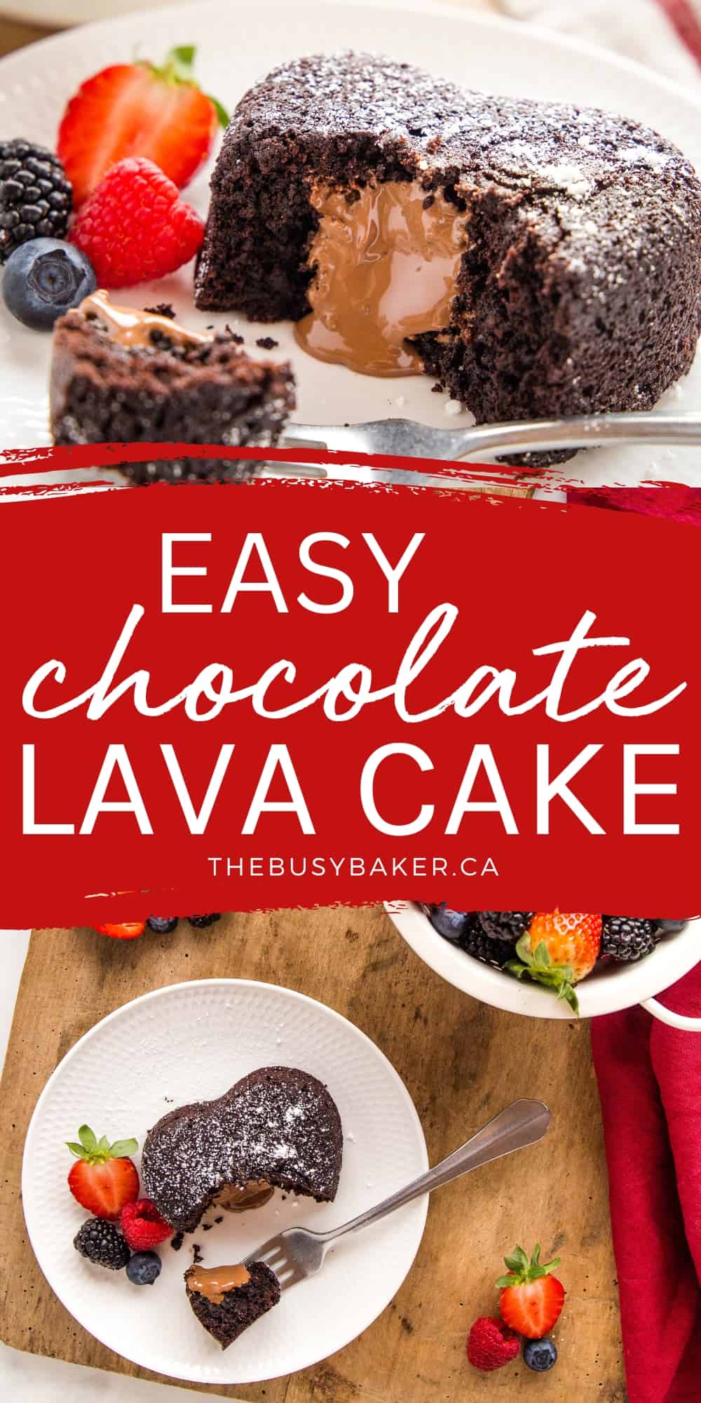 This Chocolate Lava Cake is a quick and easy dessert for Valentine's Day - a moist and fudgey brownie cake stuffed with melted chocolate. Recipe from thebusybaker.ca! #chocolatelavacake #lavacake #moltenchocolatecake #valentinesday #dessert #cake #brownie #easydessert via @busybakerblog
