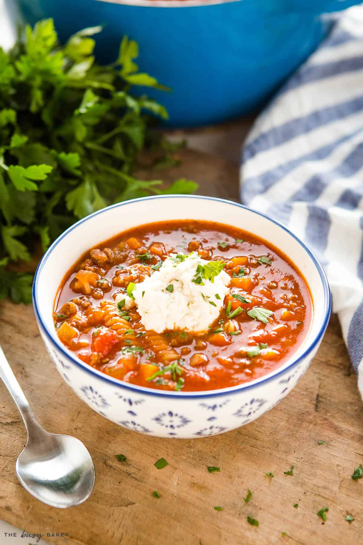 Italian-style tomato soup with beef and pasta in 