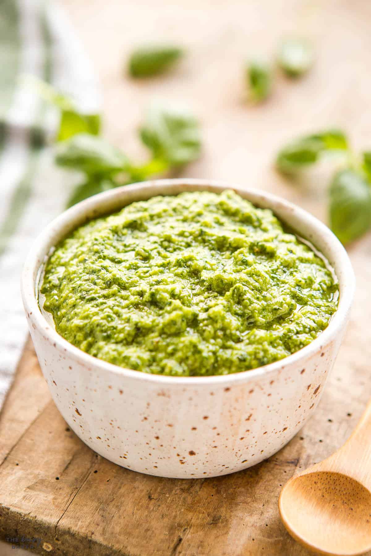 homemade pesto in ceramic bowl