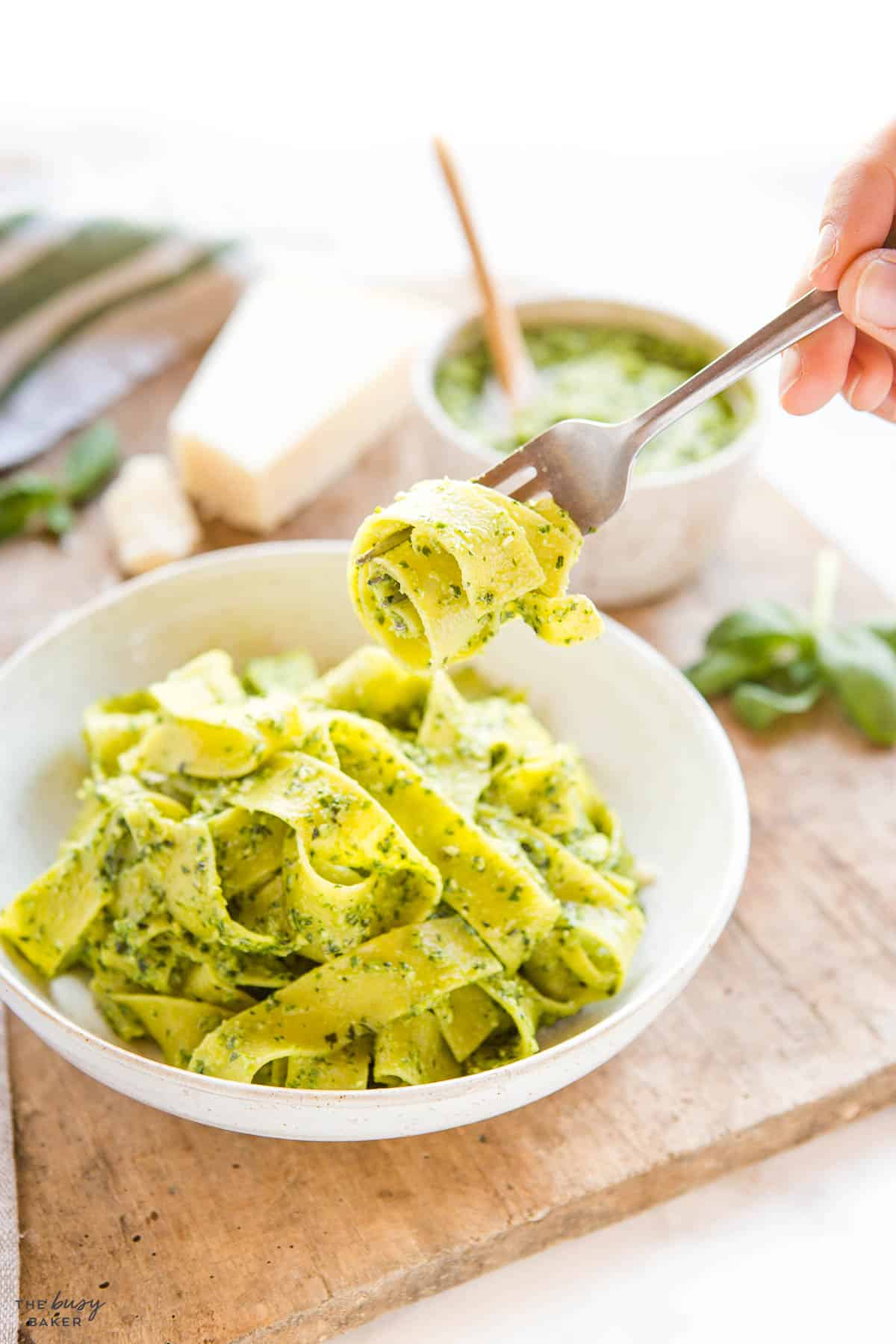 basil pesto pasta on fork