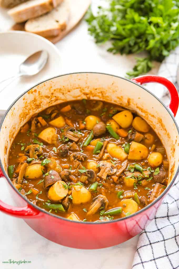 vegetarian stew in red cast iron pot