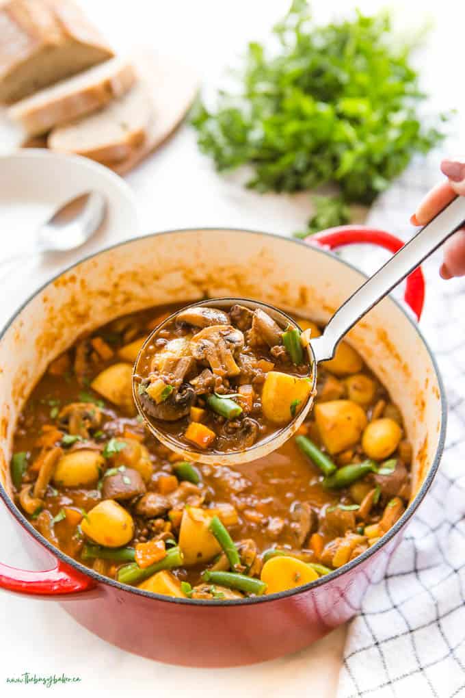 hand holding a white ladle serving vegetable stew