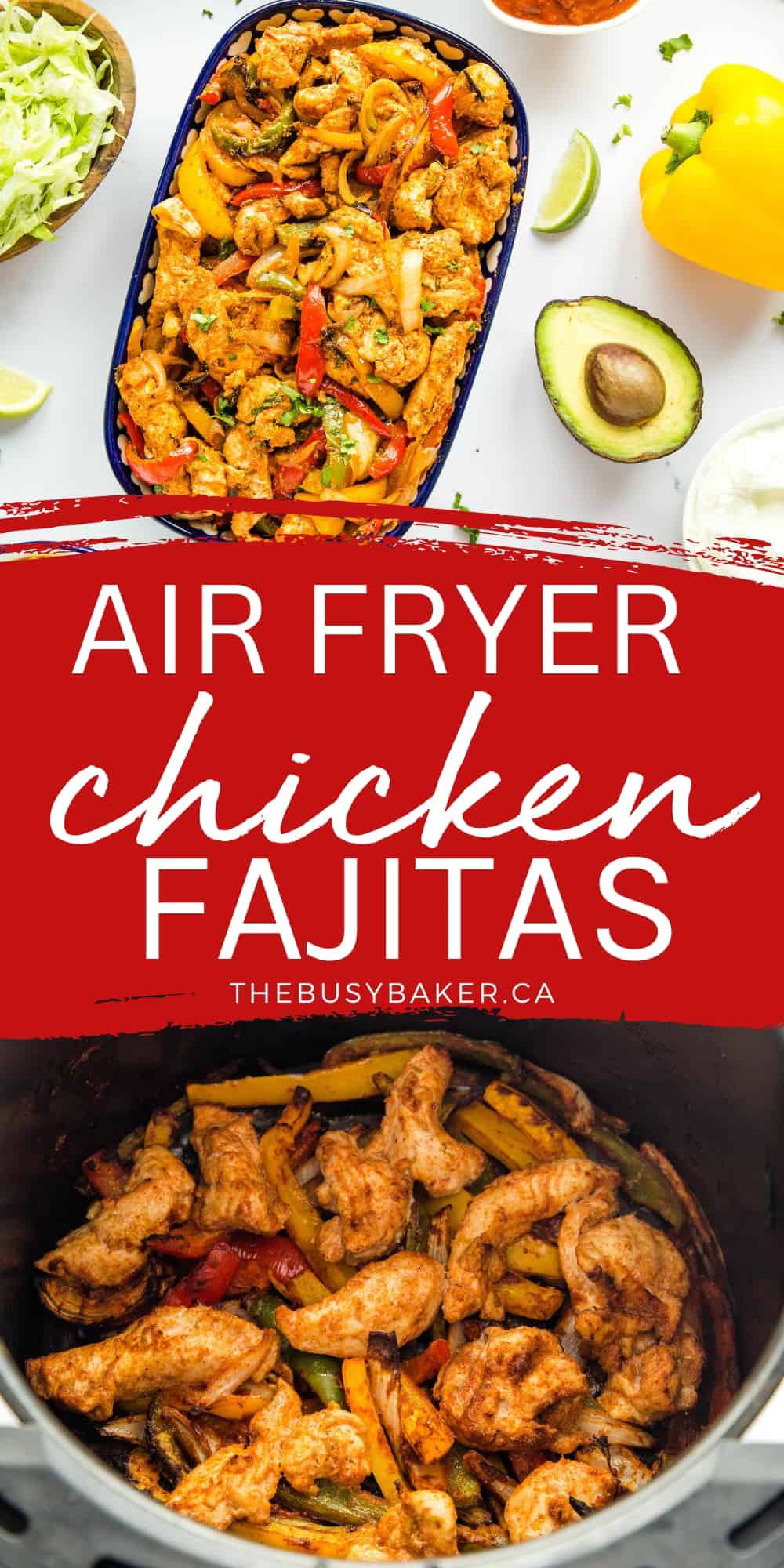 These Air Fryer Chicken Fajitas are the best easy weeknight meal - Mexican-style! Tender chicken, fajita spices, grilled peppers - ready in 15 minutes! Recipe from thebusybaker.ca! #airfryerchickenfajitas #chickenfajitas #airfryerfajitas #chickenrecipe #mexicanfood #easymeal #easydinner #mexicandinner #fajitas via @busybakerblog