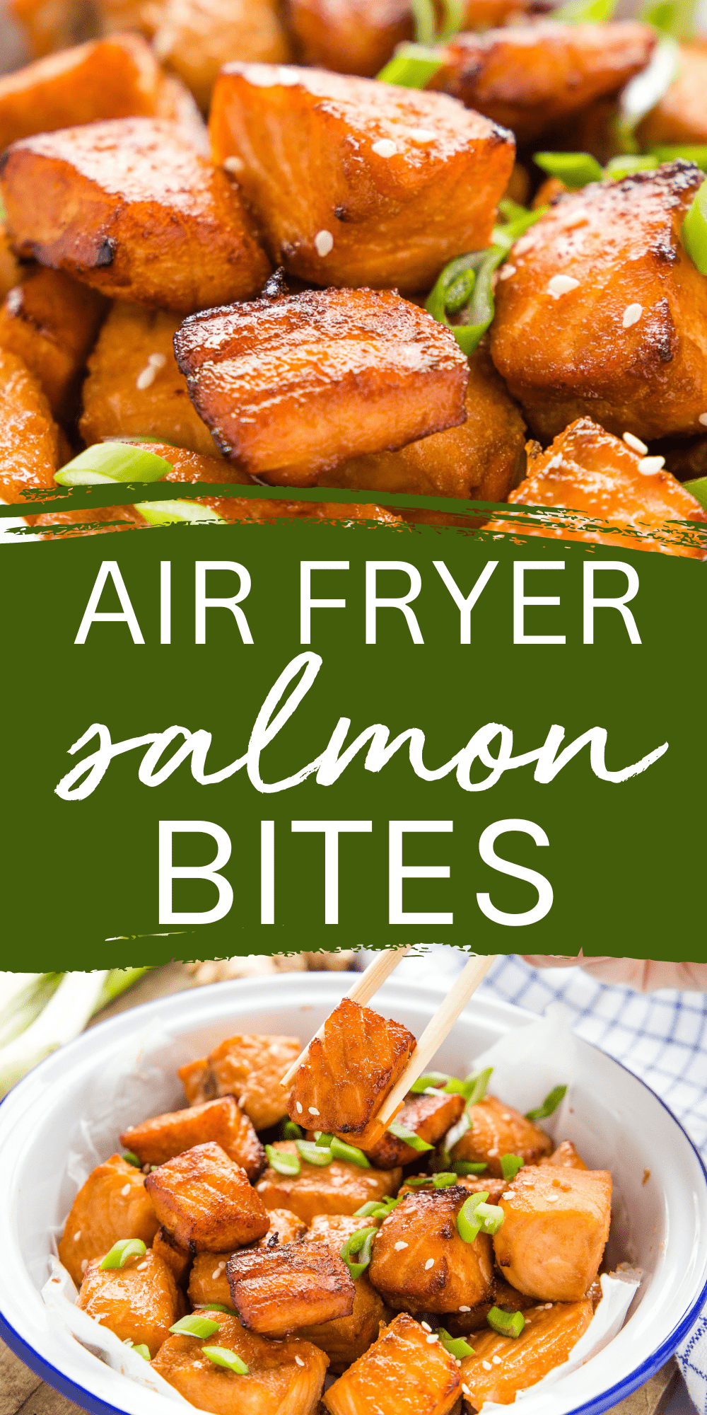 These Air Fryer Salmon Bites are perfectly crispy on the outside and tender on the inside. Chunks of salmon marinated in a sweet and savoury Asian-style sauce - ready in under 15 minutes! Recipe from thebusybaker.ca! #salmonbites #airfryersalmonbites #airfryersalmon #healthyrecipe #seafood #health #airfryerrecipe #airfryer #pokebowl #stirfry via @busybakerblog