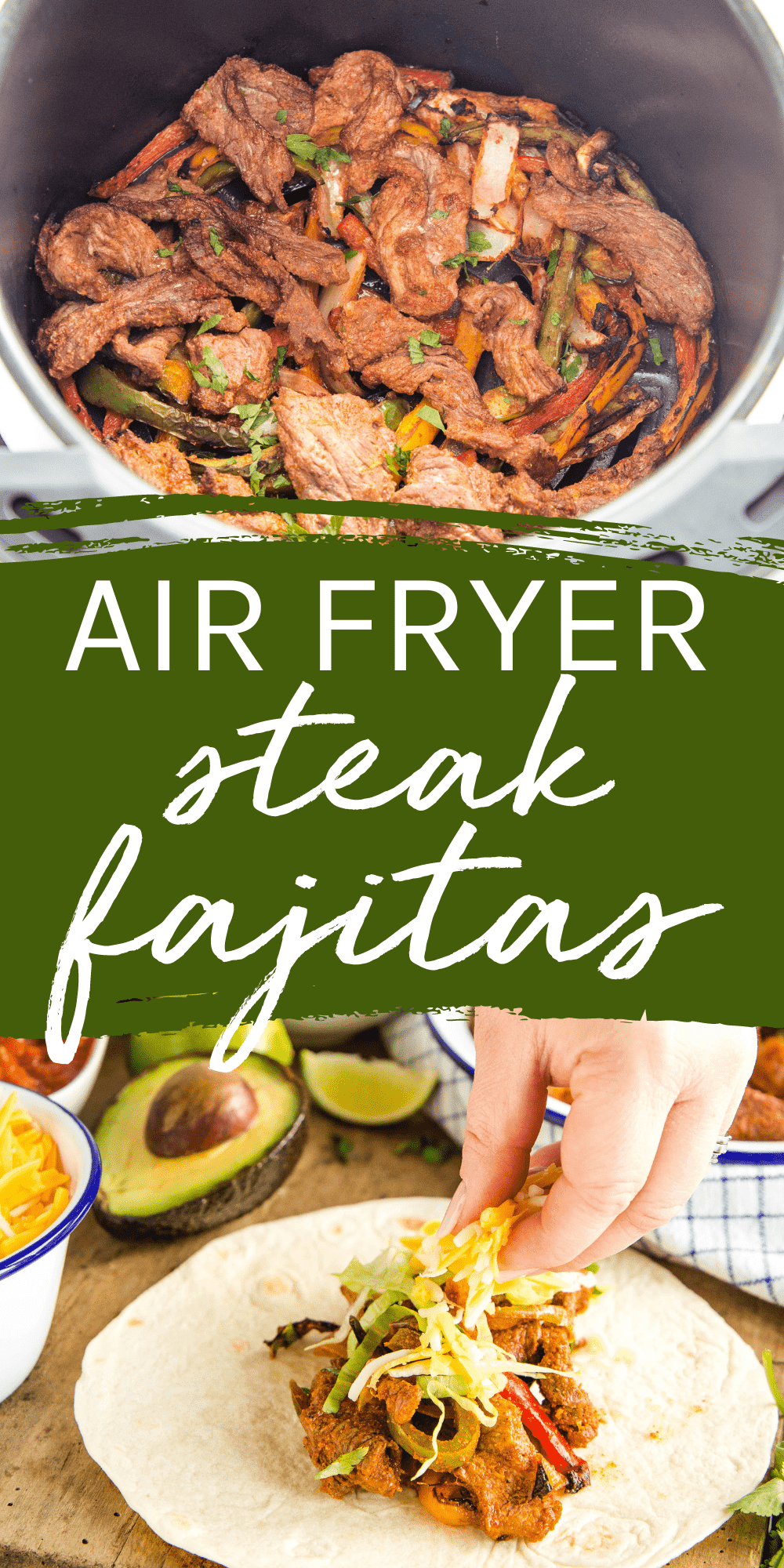 This Air Fryer Steak Fajitas recipe is the best easy weeknight meal - Mexican-style! Juicy steak, fajita spices, grilled peppers - ready in 15 minutes! Recipe from thebusybaker.ca! #airfryersteakfajitas #steakfajitas #fajitasrecipe #steakfajitarecipe #airfryerrecipe #dinner #easymeal via @busybakerblog