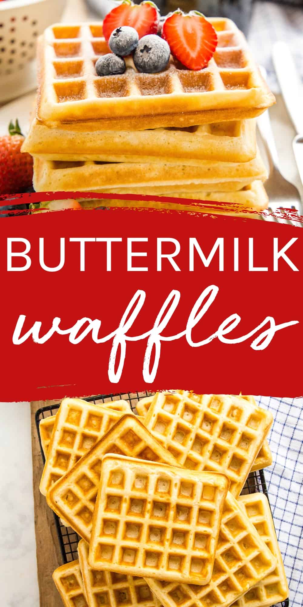 This Buttermilk Waffles Recipe makes the BEST light and fluffy waffles! Easy to make, perfect for breakfast or brunch, with a simple secret ingredient! Recipe from thebusybaker.ca! #waffles #wafflerecipe #buttermilkwaffles #buttermilkwafflerecipe #wafflesrecipe #breakfast #brunch #secretingredient #howtomakewaffles #easywaffles #easybreakfast #holidaybreakfast via @busybakerblog