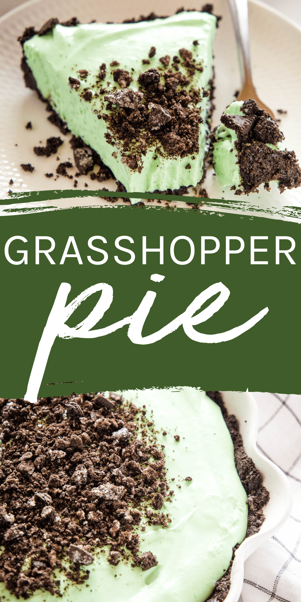 This Grasshopper Pie recipe is an easy classic no-bake dessert with an Oreo cookie crust and a creamy mint filling! Recipe from thebusybaker.ca! #grasshopperpie #cremedementhe #mintdessert #mintchocolate #grasshopper #nobakedessert via @busybakerblog
