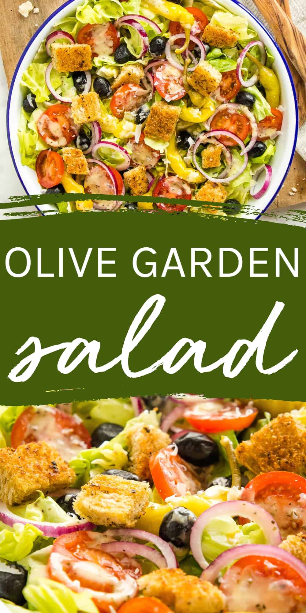 This Olive Garden Salad recipe is exactly like the restaurant house salad - tender greens, Roma tomatoes, red onions, olives, whole pepperoncini peppers, croutons and a classic creamy Italian salad dressing, all topped with freshly shaved Parmesan cheese! Recipe from thebusybaker.ca! #olivegardensalad #olivegardencopycat #olivegardenrestaurant #italiansalad #italian #saladrecipe #bestsaladrecipe #easysalad #healthy #copycat via @busybakerblog