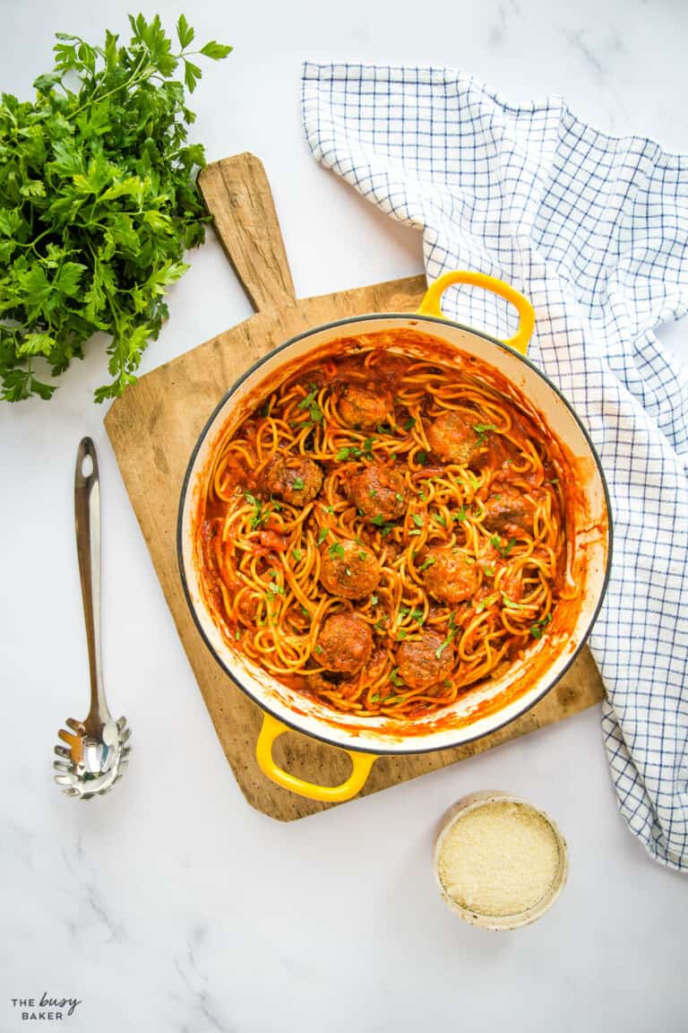 One Pot Spaghetti and Meatballs - The Busy Baker