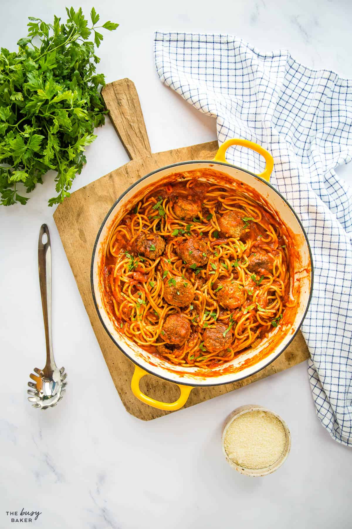overhead image: one pot spaghetti and meatballs