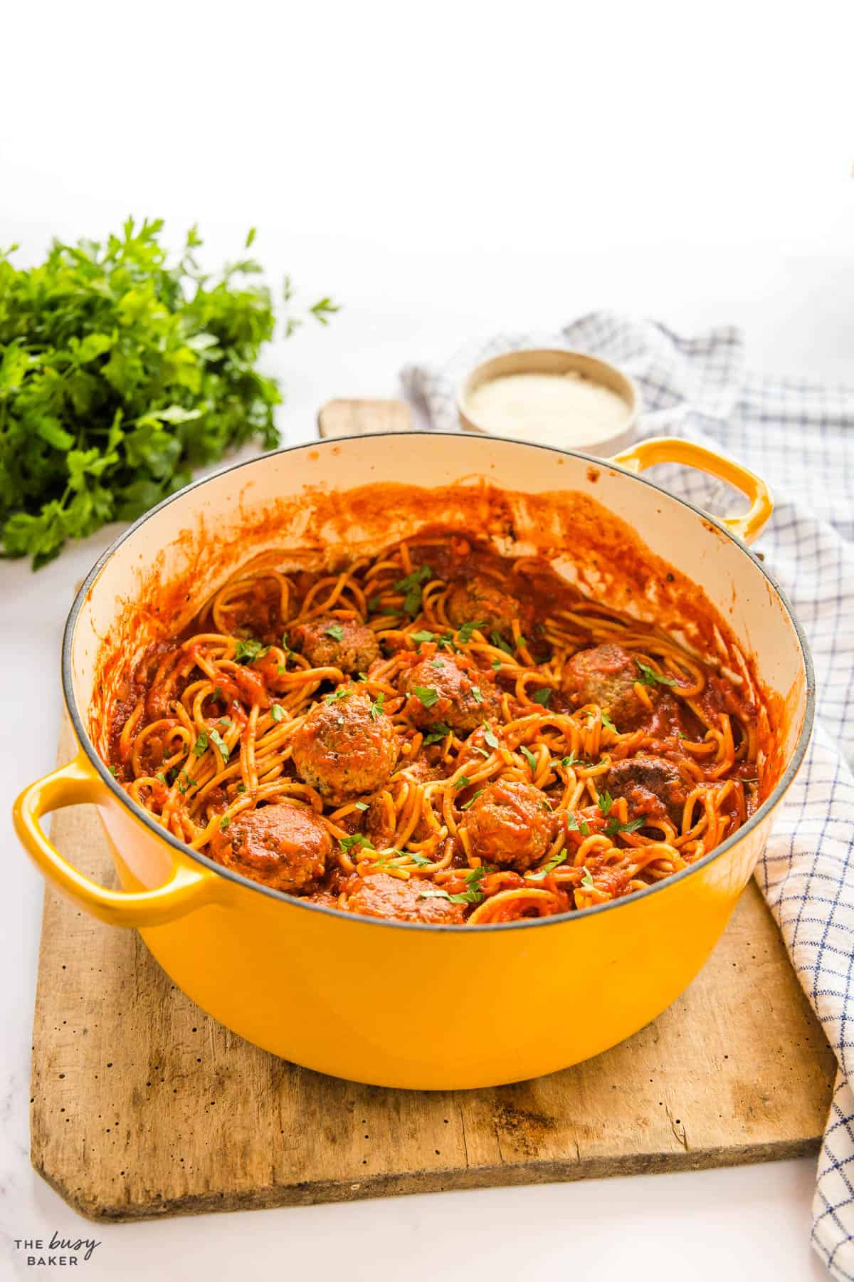 yellow pot with spaghetti and meatballs