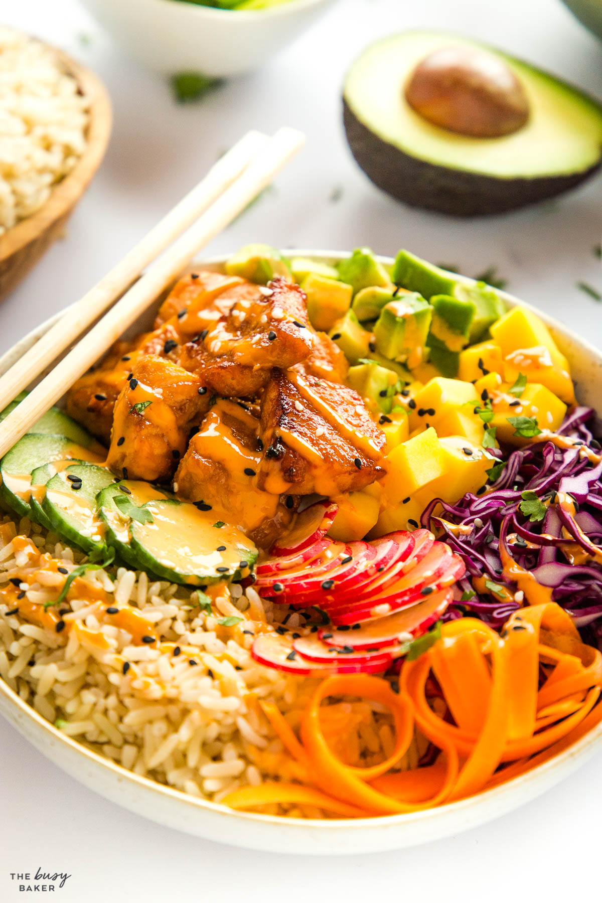 closeup image: healthy bowl recipe with colourful ingredients 