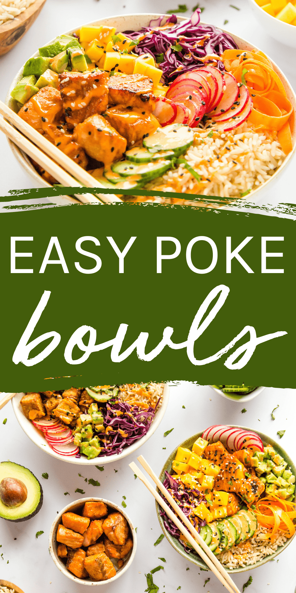 This Poke Bowl Recipe is the perfect fresh and healthy meal! A twist on the Hawaiian classic, made with veggies, crispy salmon or tofu, & brown rice - perfect for meal prep! Recipe from thebusybaker.ca! #pokebowl #pokebowls #hawaiianpokebowl #easypokebowl #veganpokebowl #pokebowlrecipe #howtomakepokebowls #healthy #fresh #plantbased #grainfree #health via @busybakerblog