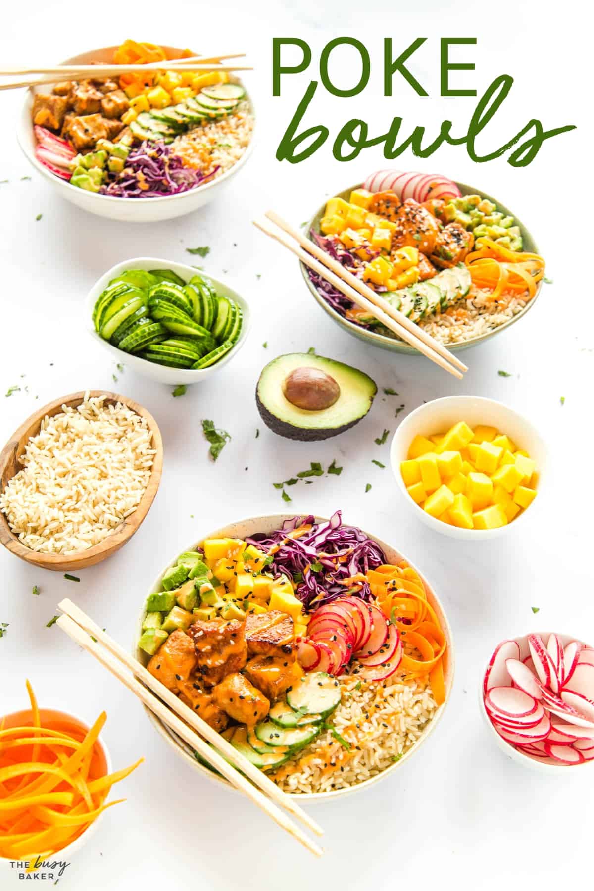 This Poke Bowl Recipe is the perfect fresh and healthy meal! A twist on the Hawaiian classic, made with veggies, crispy salmon or tofu, & brown rice - perfect for meal prep! Recipe from thebusybaker.ca! #pokebowl #pokebowls #hawaiianpokebowl #easypokebowl #veganpokebowl #pokebowlrecipe #howtomakepokebowls #healthy #fresh #plantbased #grainfree #health via @busybakerblog