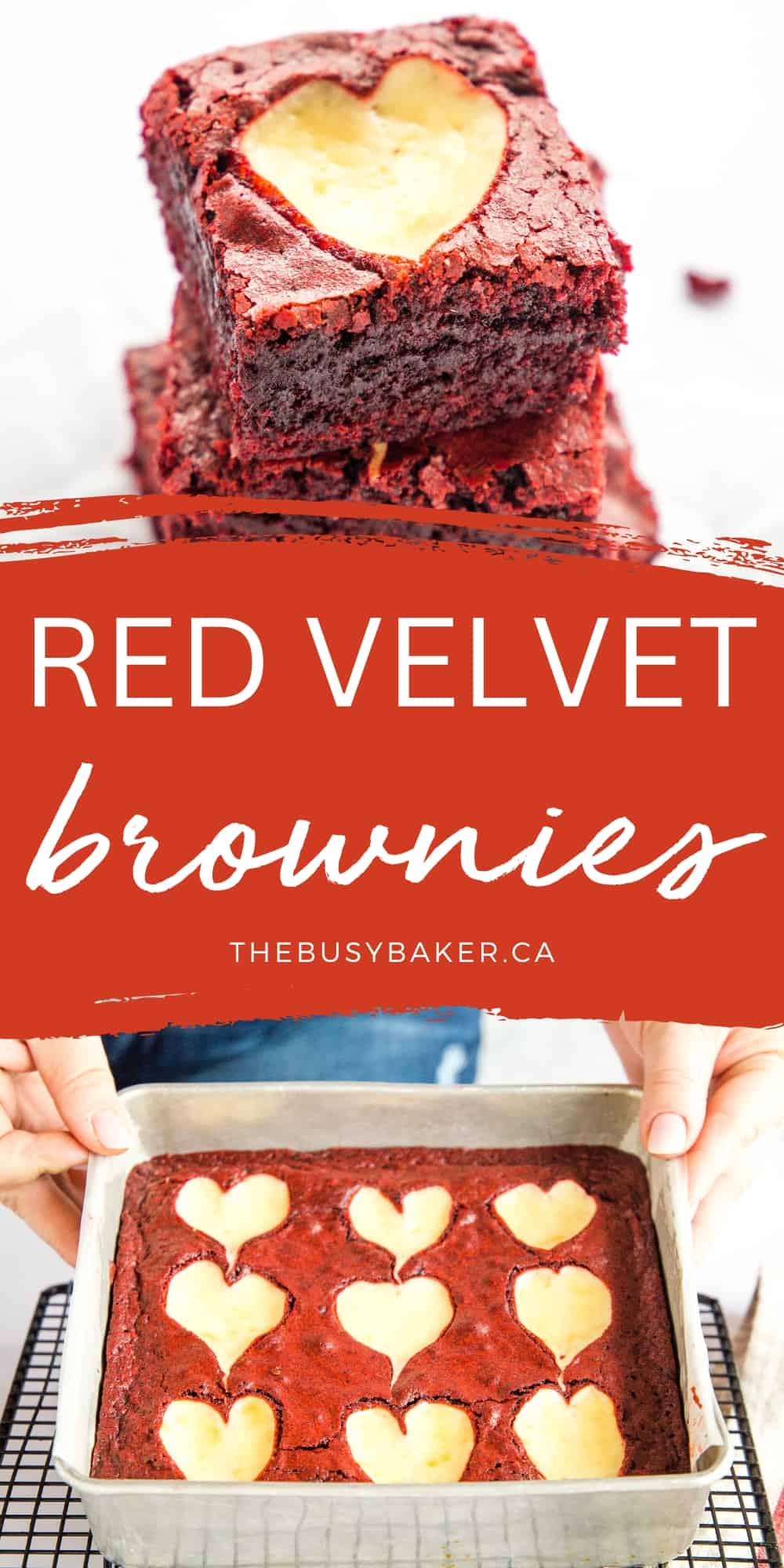 These Red Velvet Brownies are the perfect simple Valentine's Day dessert - moist, fudgey, rich and chocolatey, with an easy cheesecake topping! Recipe from thebusybaker.ca! #redvelvetbrownies #redvelvet #brownies #valentinesdaydessert #dessert #treat #sweet #homemade #baking #browniesrecipe #cheesecakebrownies #heartbrownies #heartshapeddessert via @busybakerblog