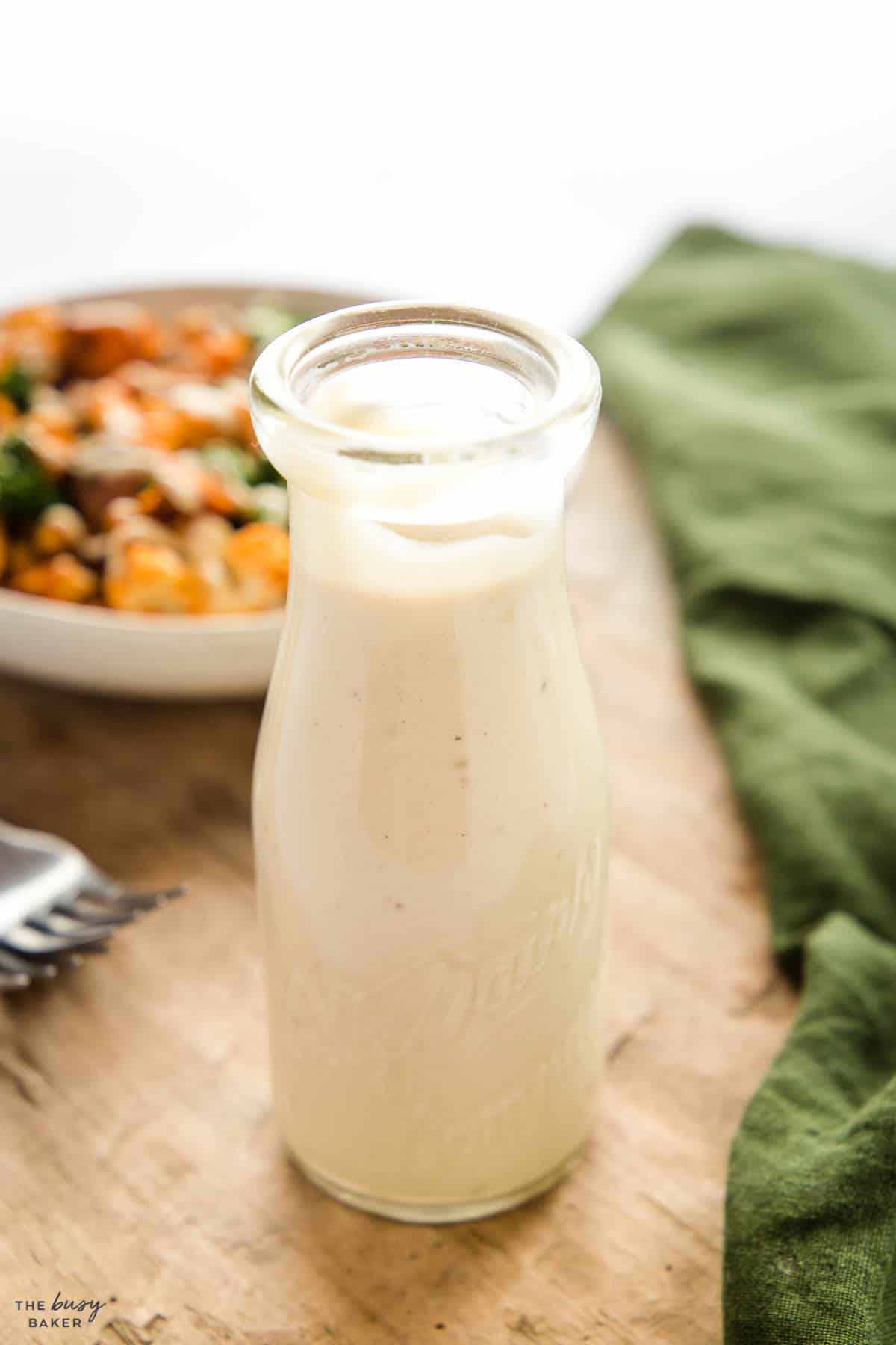 bottle of homemade tahini dressing