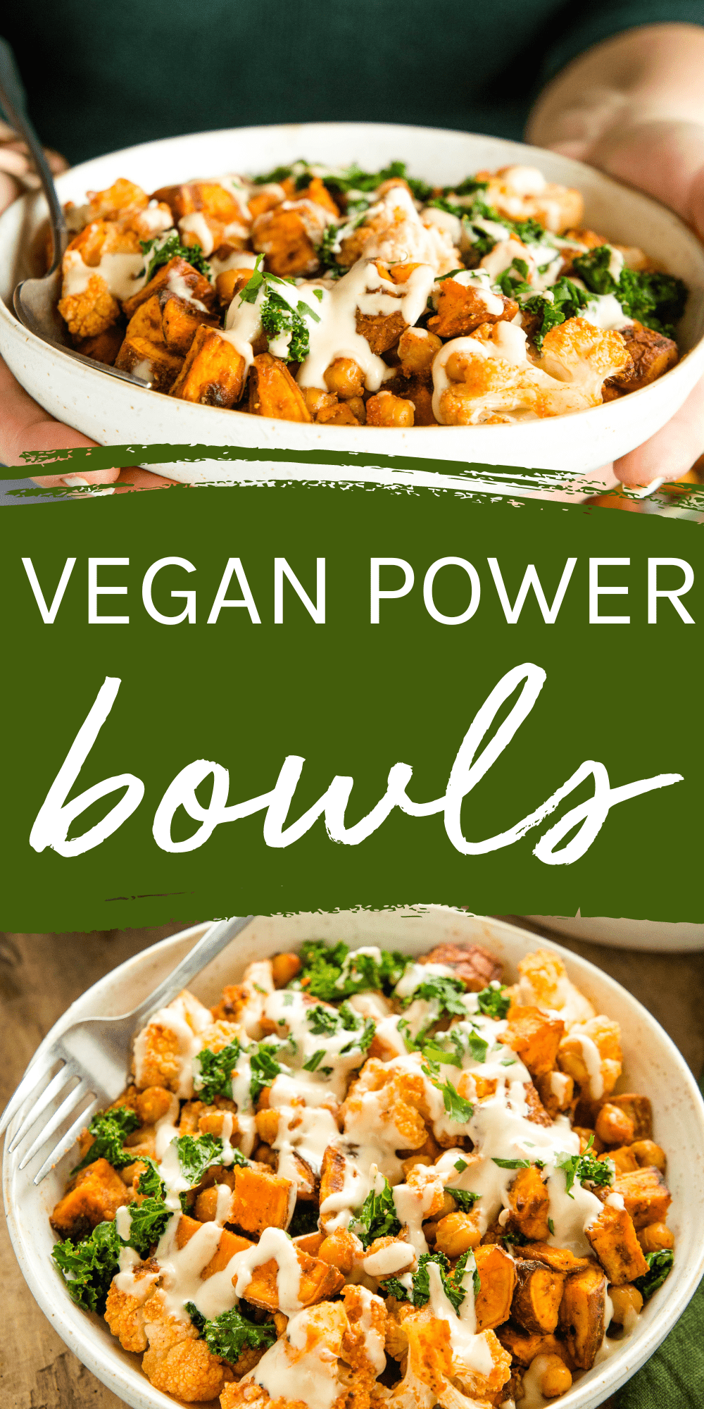 This Power Bowl Recipe is ultra nutritious, plant-based, & packed with fresh ingredients like cauliflower, sweet potatoes, chickpeas and kale. A vegan meal prep recipe ready in under 30 minutes! Recipe from thebusybaker.ca! #powerbowl #nutritious #healthy #health #plantbased #vegan #vegetarian #buddabowl via @busybakerblog