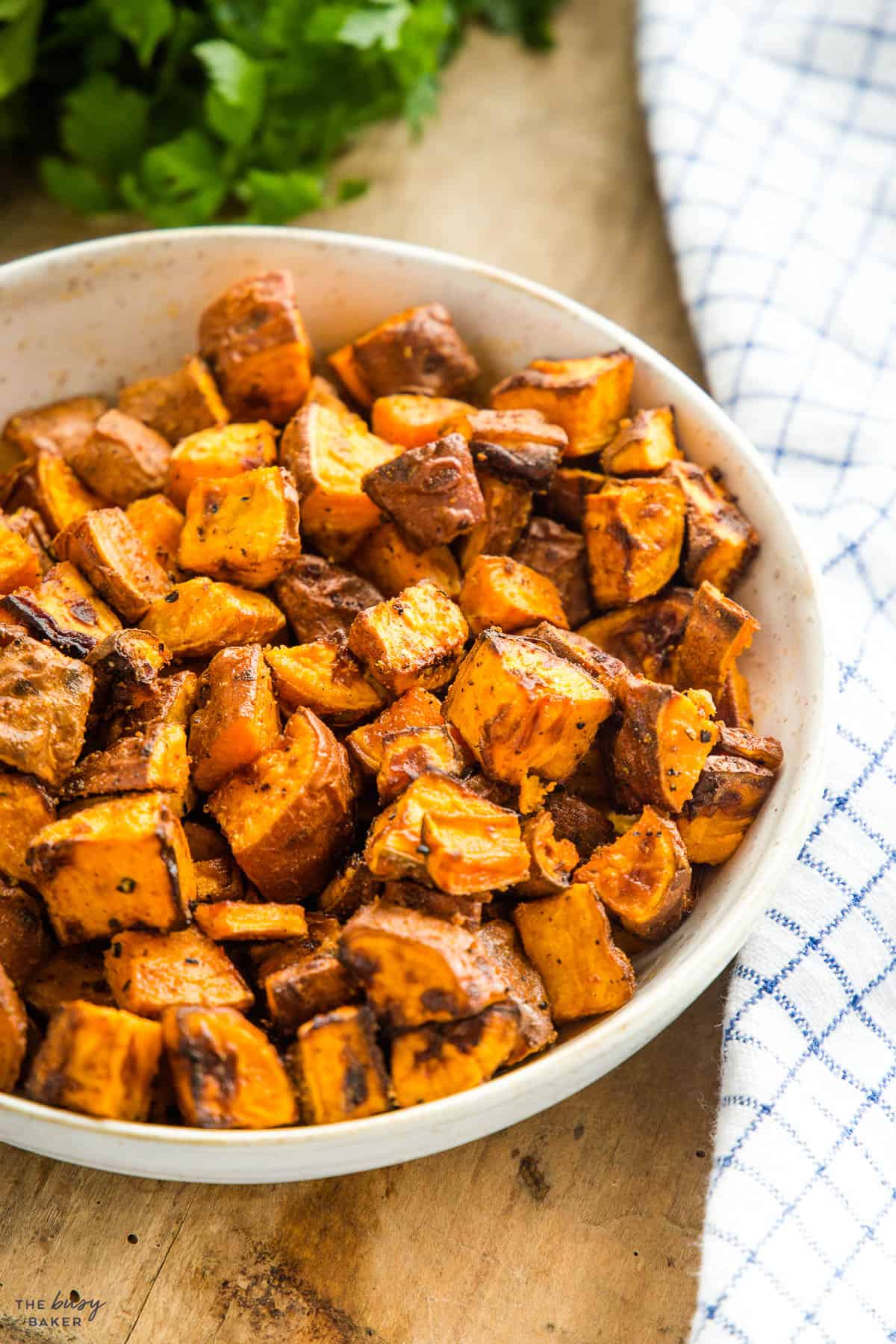 bowl of crispy roasted sweet potatoes