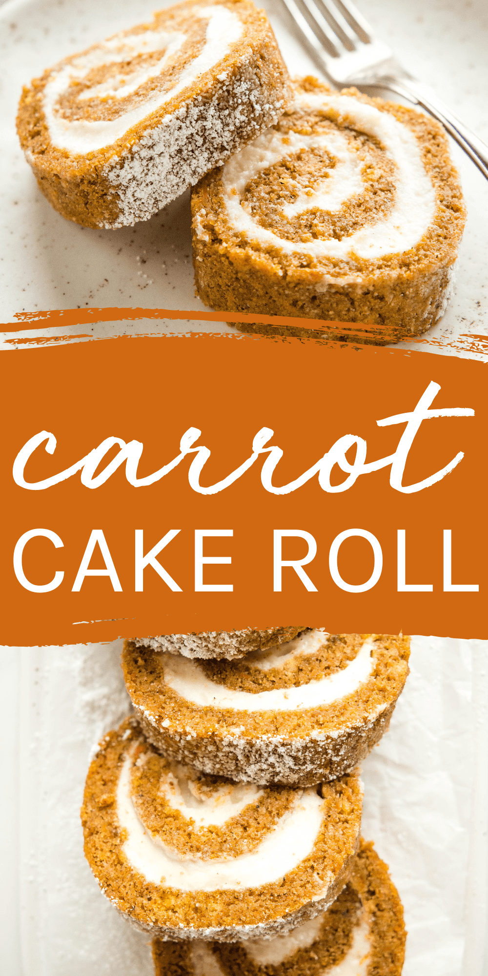 This Carrot Cake Roll recipe is the perfect spring dessert - a moist and tender carrot sponge cake with cinnamon and spice, filled with a soft and fluffy cream cheese frosting. Recipe from thebusybaker.ca! #carrotcakeroll #howtomakecarrotcake #carrotcakerollrecipe #carrotcakerecipe #rollcake #swissroll #easter #easterdessert #springdessert #creamcheesefrosting via @busybakerblog