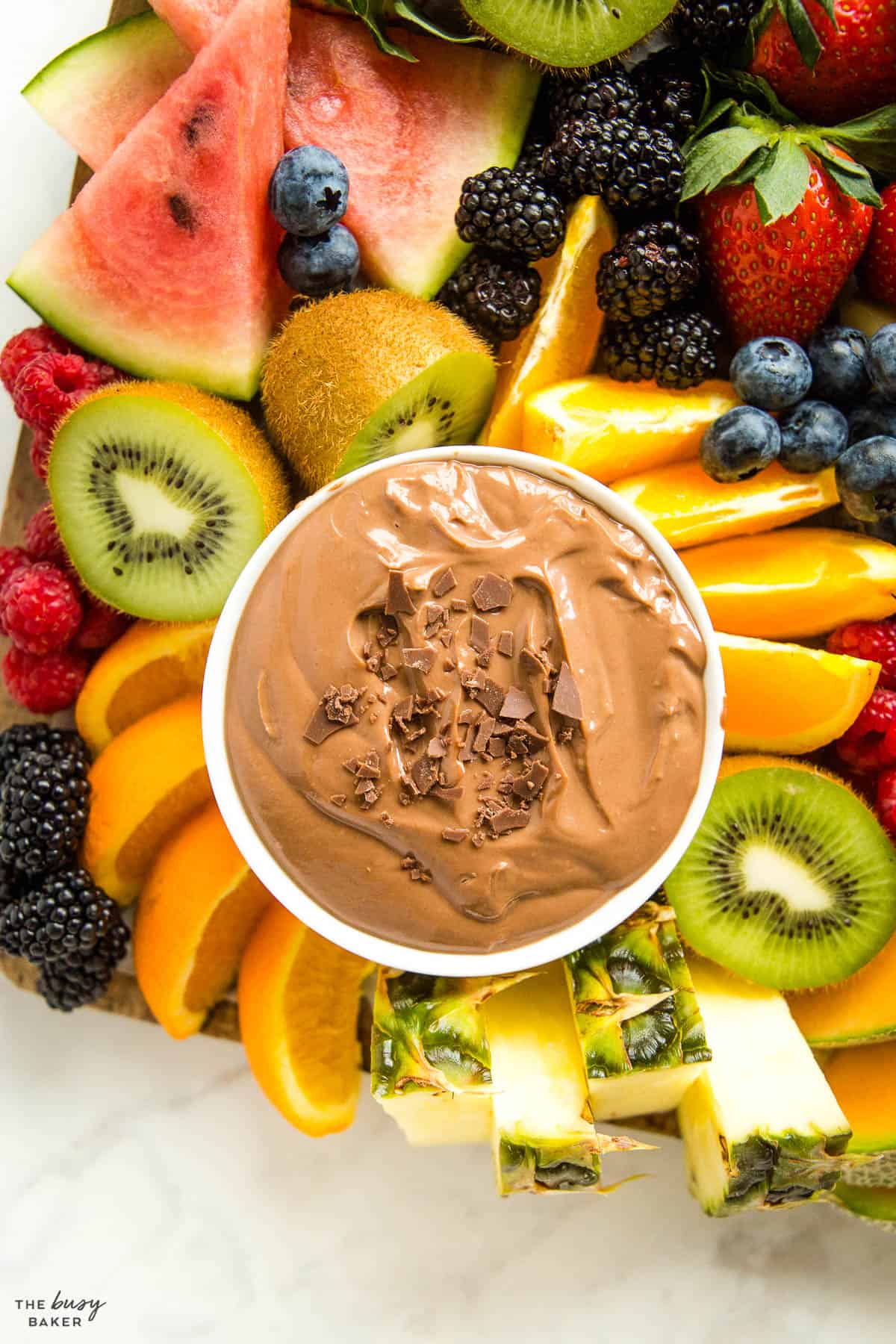 overhead image: fruit platter with chocolate yogurt fruit dip