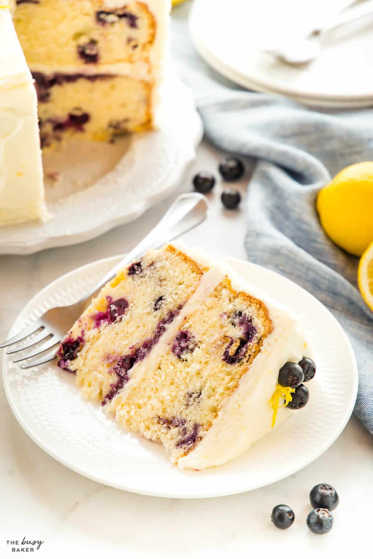 slice of lemon cake with fresh blueberries