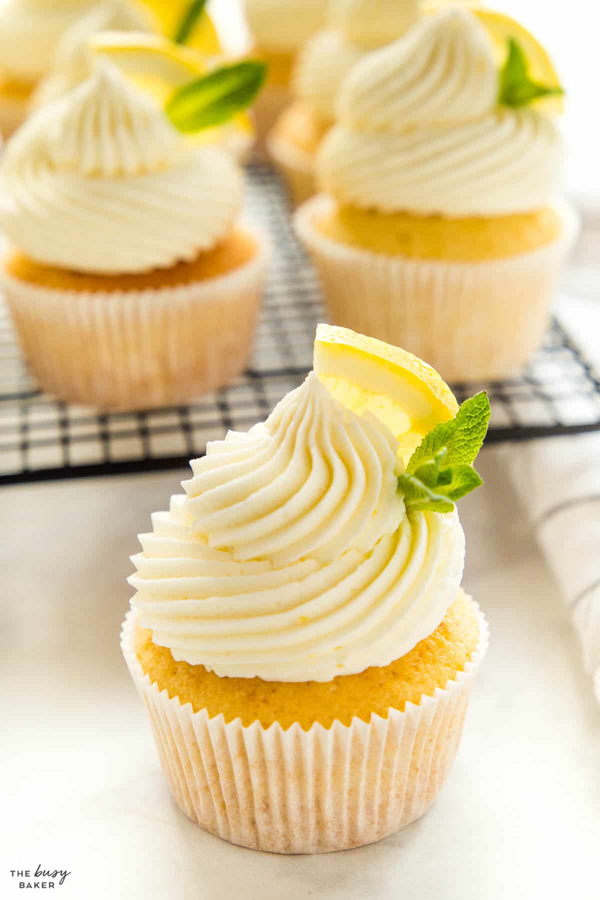 closeup image: lemon cupcake with lemon and mint leaves