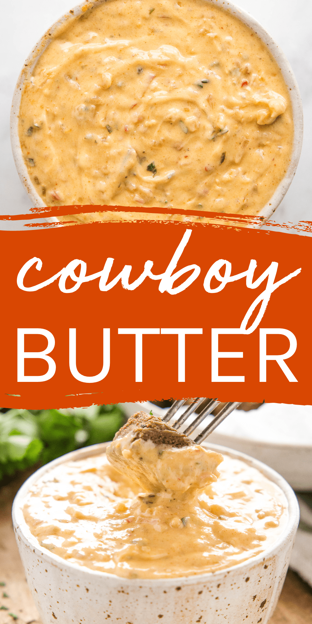 This Cowboy Butter recipe is a creamy, savoury butter sauce that's packed with herbs and spices! Serve it as a topping or dip for steak, chicken, seafood, or grilled vegetables. Recipe from thebusybaker.ca! #cowboybutter #buttersauce #homemadebutter #compoundbutter #saucerecipe #easysauce #steaksauce #steakrecipe #buttersteak #steakbutter via @busybakerblog