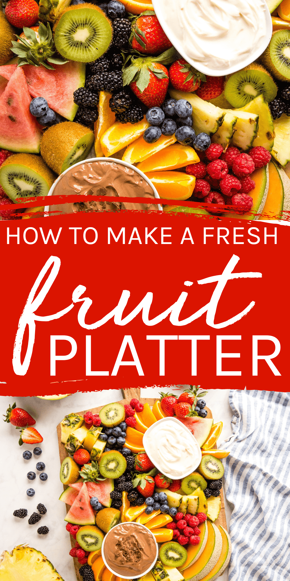 This Fruit Platter recipe is a healthy and colourful addition to any breakfast, brunch or dessert buffet. An easy-to-make fruit tray recipe with a variety of fresh fruits and fruit dip! Recipe from thebusybaker.ca! #fruitplatter #fruittray #fruittrayideas #howtomakeafruittray #howtomakeafruitplatter #fruit #healthydessert #desserttray #health #freshfruit #fruitfordessert via @busybakerblog