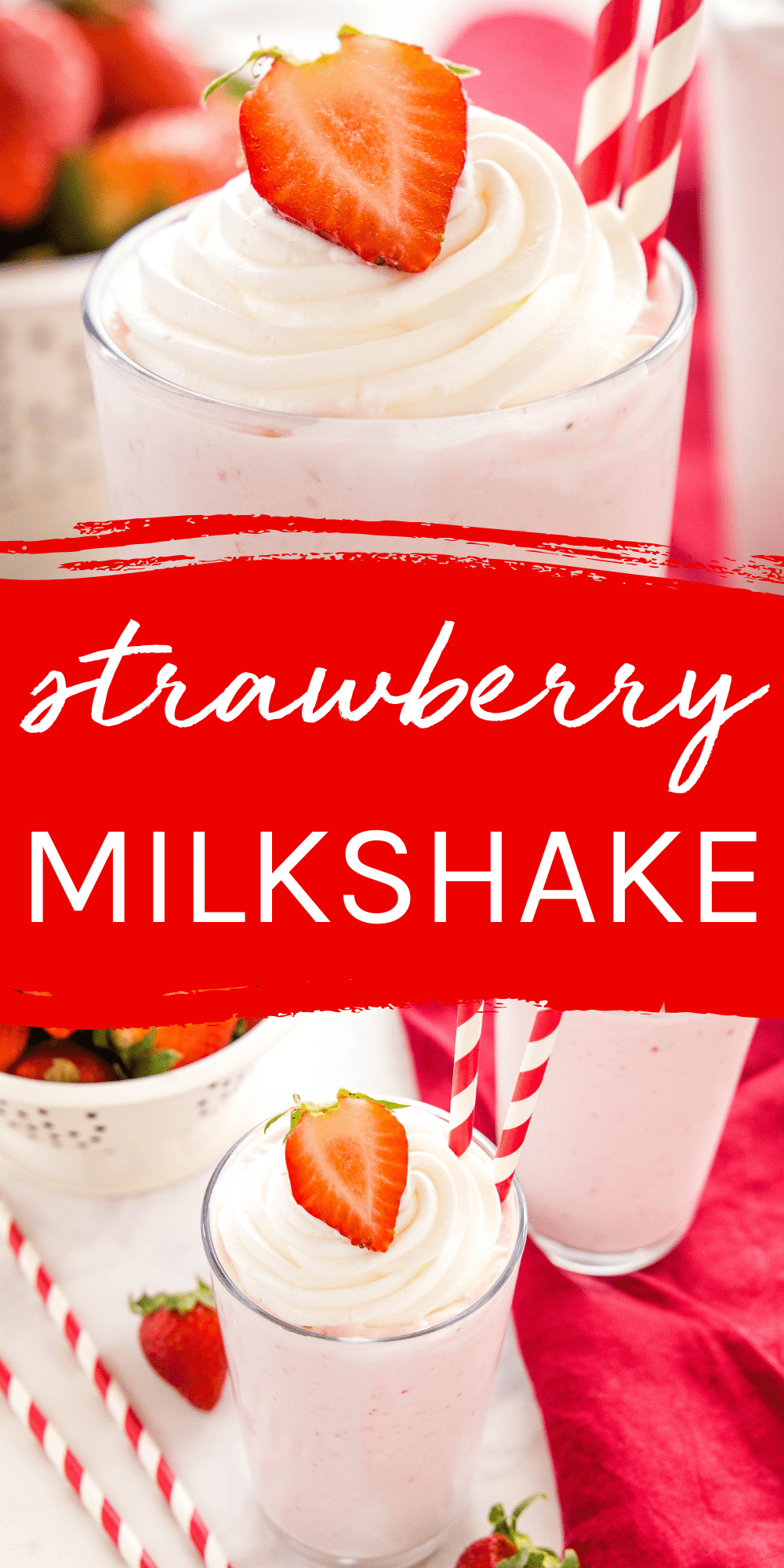 This Strawberry Milkshake recipe is a cool, creamy, smooth, and indulgent treat with an intense strawberry flavour. Only 3 basic ingredients! Recipe from thebusybaker.ca! #strawberrymilkshake #strawberrymilkshakerecipe #easymilkshake #bestmilkshakerecipe #homemademilkshake via @busybakerblog