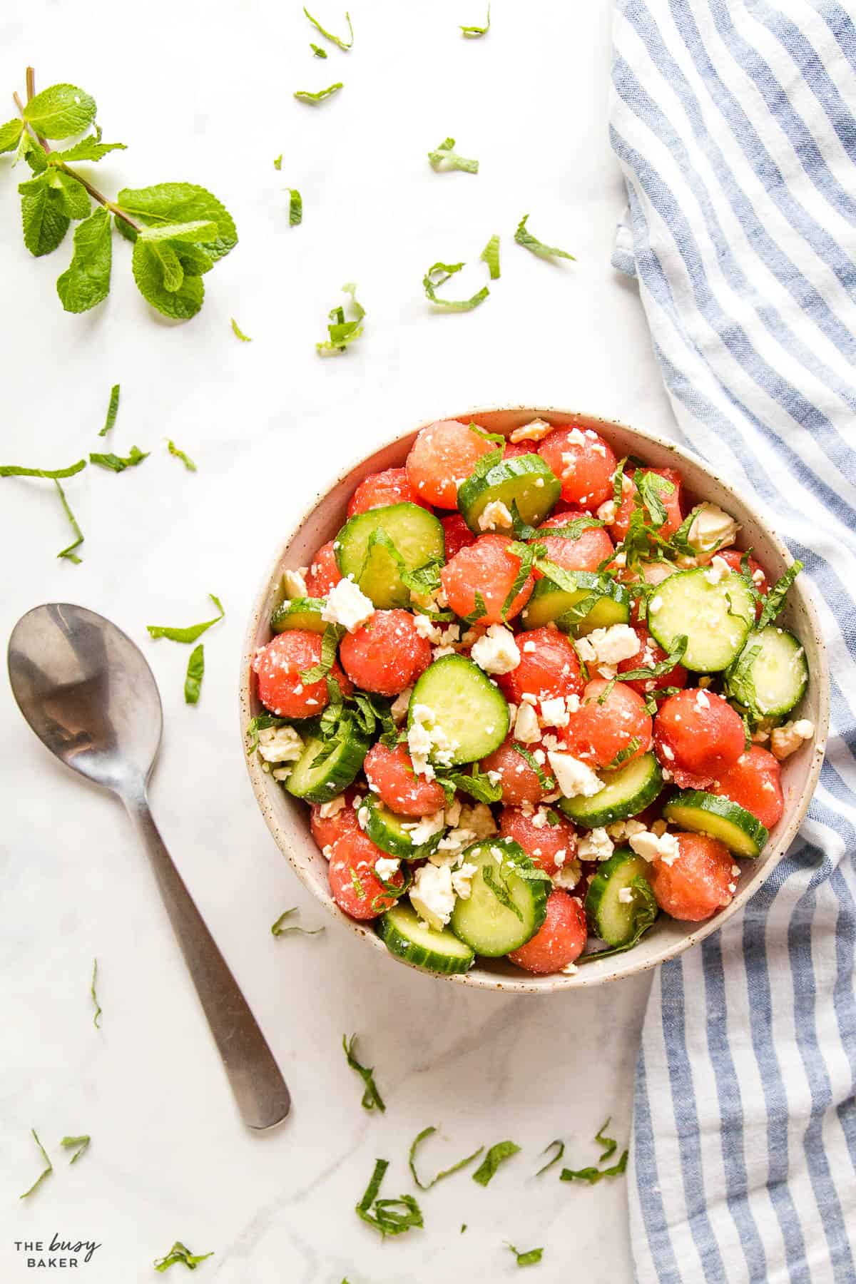 watermelon salad with cucumber, feta, mint and lime