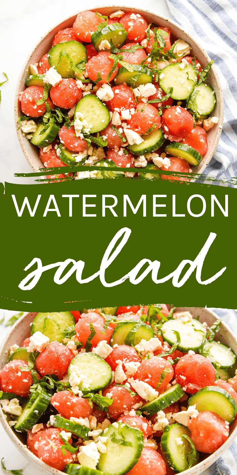 This Watermelon Salad recipe is the perfect fresh and healthy salad for summer! It's simple and easy to make with fresh watermelon, cucumber, fresh mint, and feta. Recipe from thebusybaker.ca! #watermelonsalad #watermelonfetasalad #watermeloncucumbersalad #freshsalad #healthysalad #fruitsalad #health #healthy via @busybakerblog