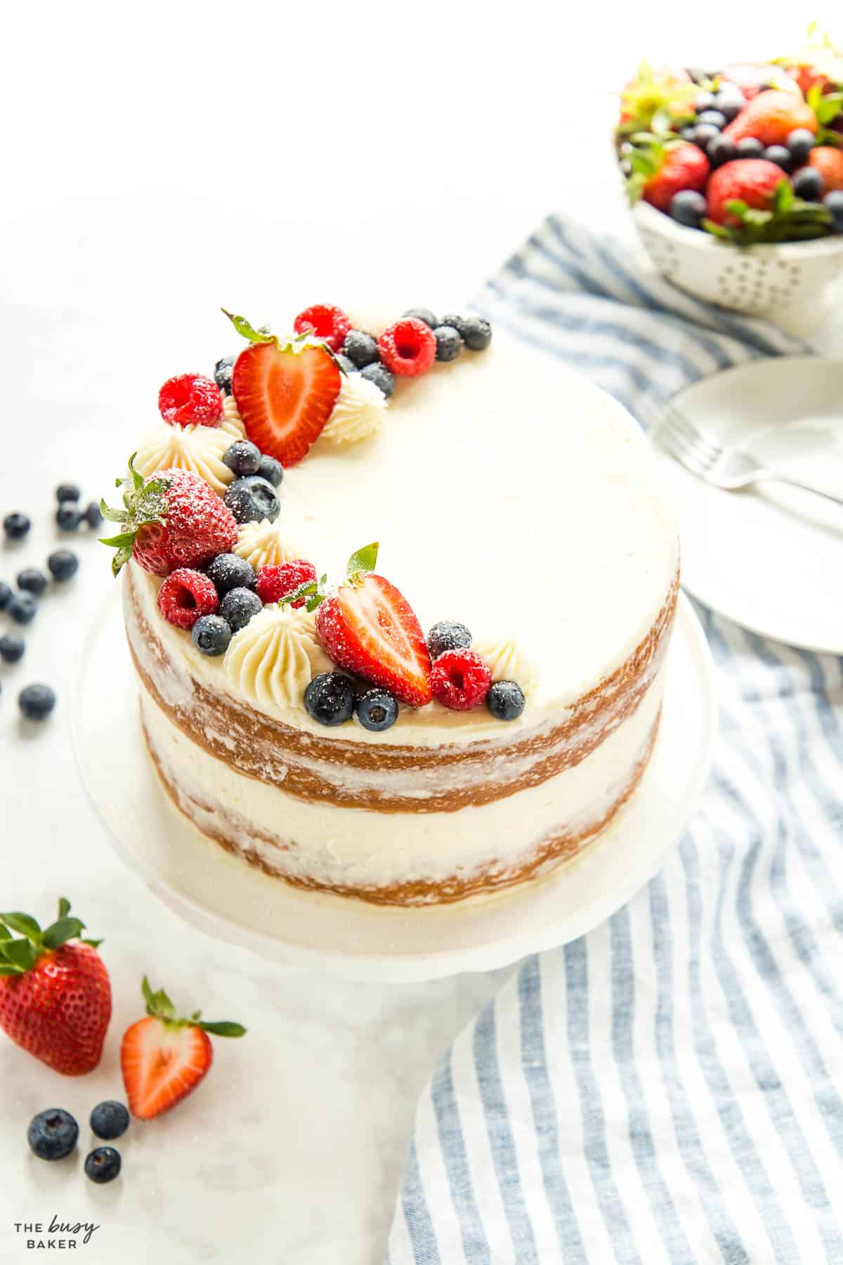 naked cake with layers and white frosting