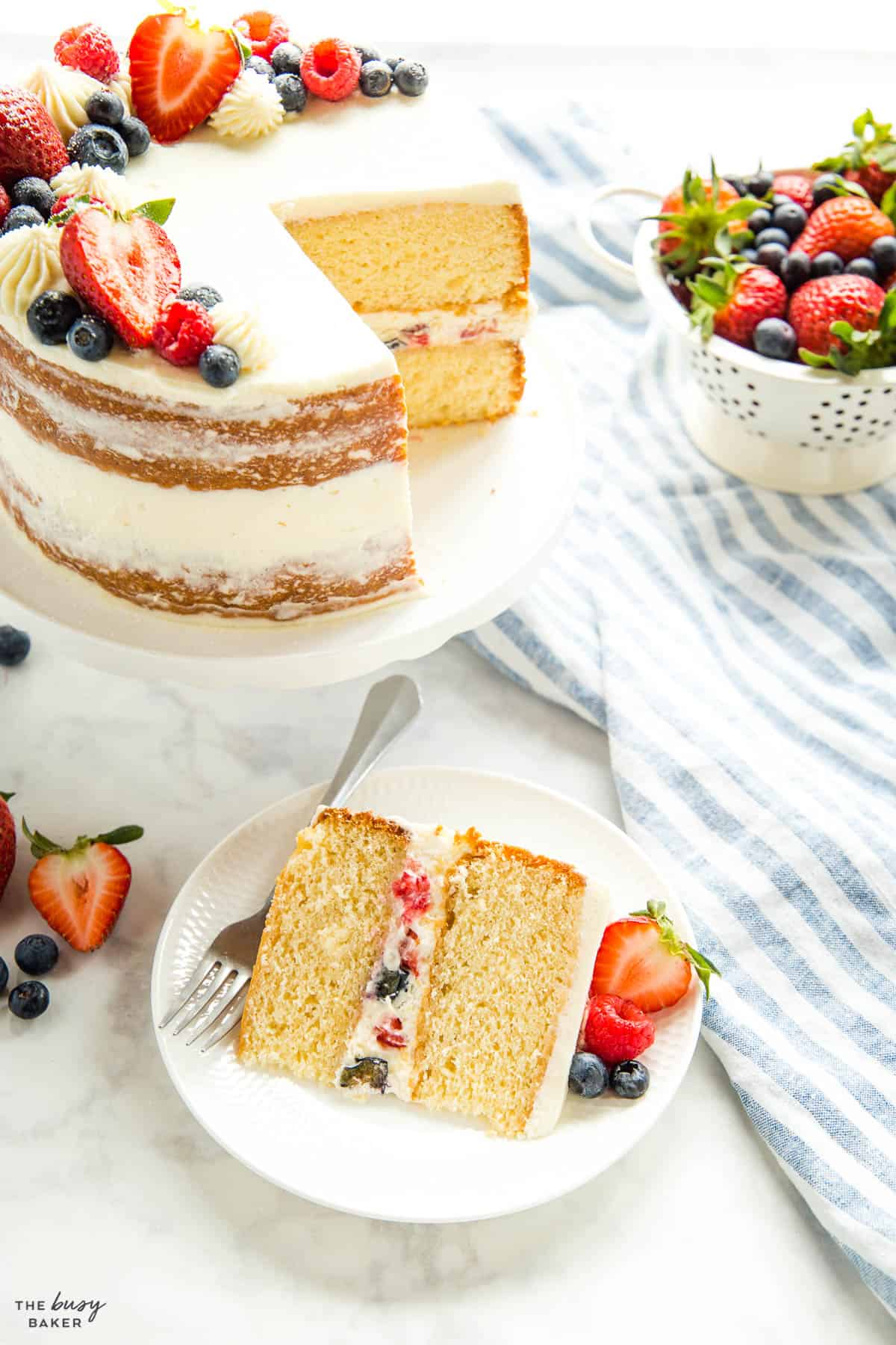 slice of white cake with fresh berries