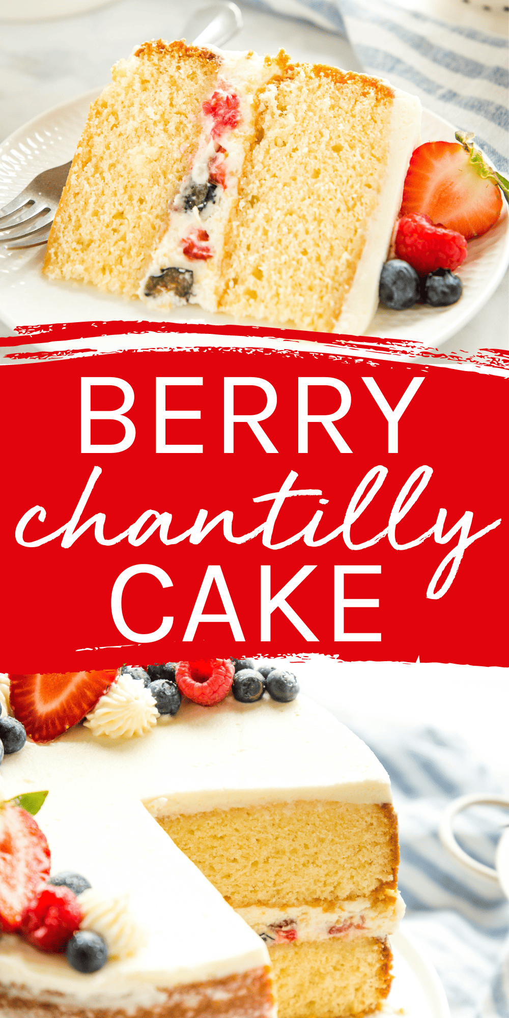 This Berry Chantilly Cake recipe combines a tender & light white cake with a rich & creamy Chantilly Cream frosting & fresh seasonal berries. Recipe from thebusybaker.ca! #berrychantillycake #chantillycake #berrycake #summercake #homemadecake #cakerecipe #chantilly #chantillycream #frosting #homemadefrosting #cakewithberries #whitecakerecipe via @busybakerblog